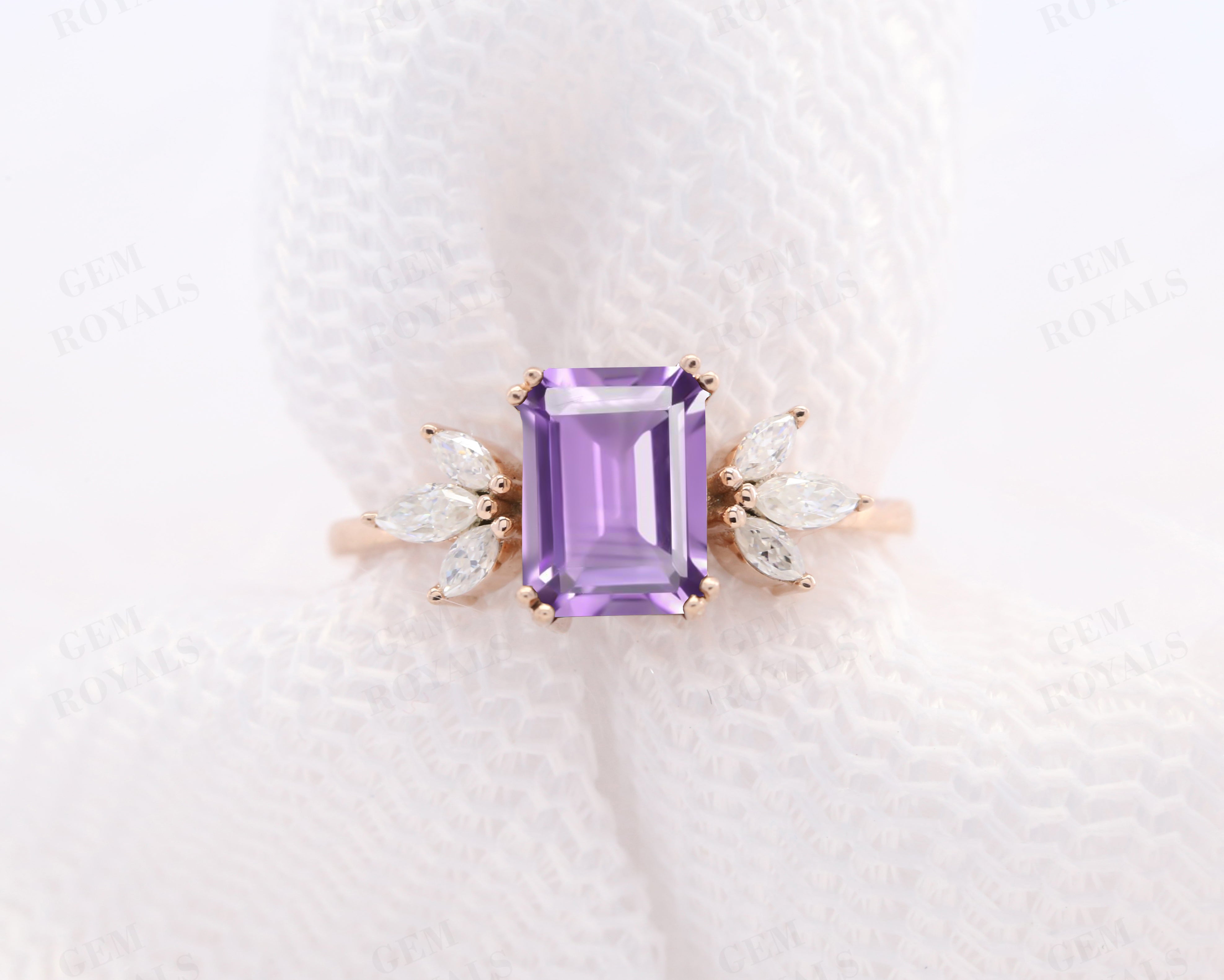 Solitaire Emerald Cut Natural Amethyst Engagement Ring