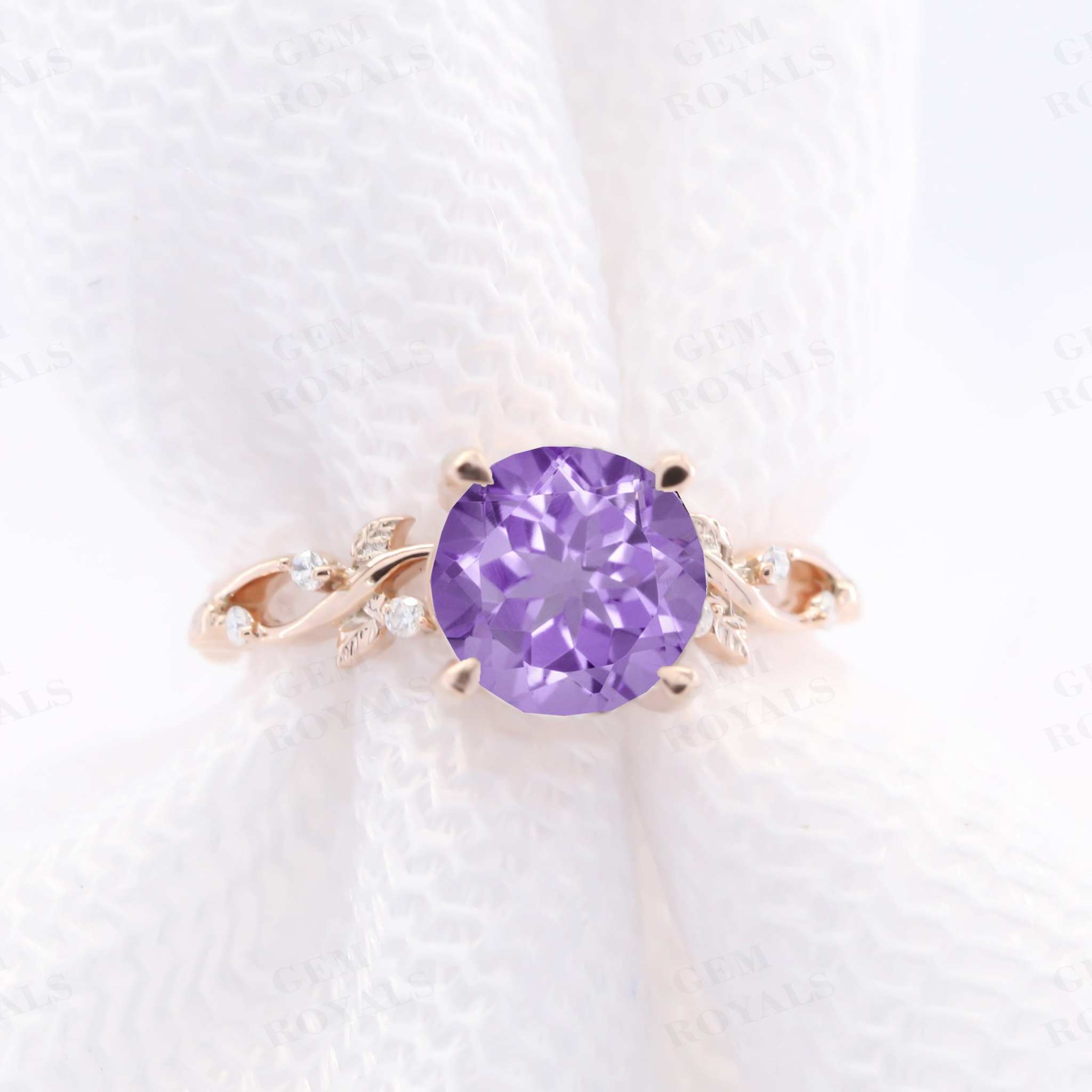 Nature Inspired Round Purple Amethyst Engagement Ring