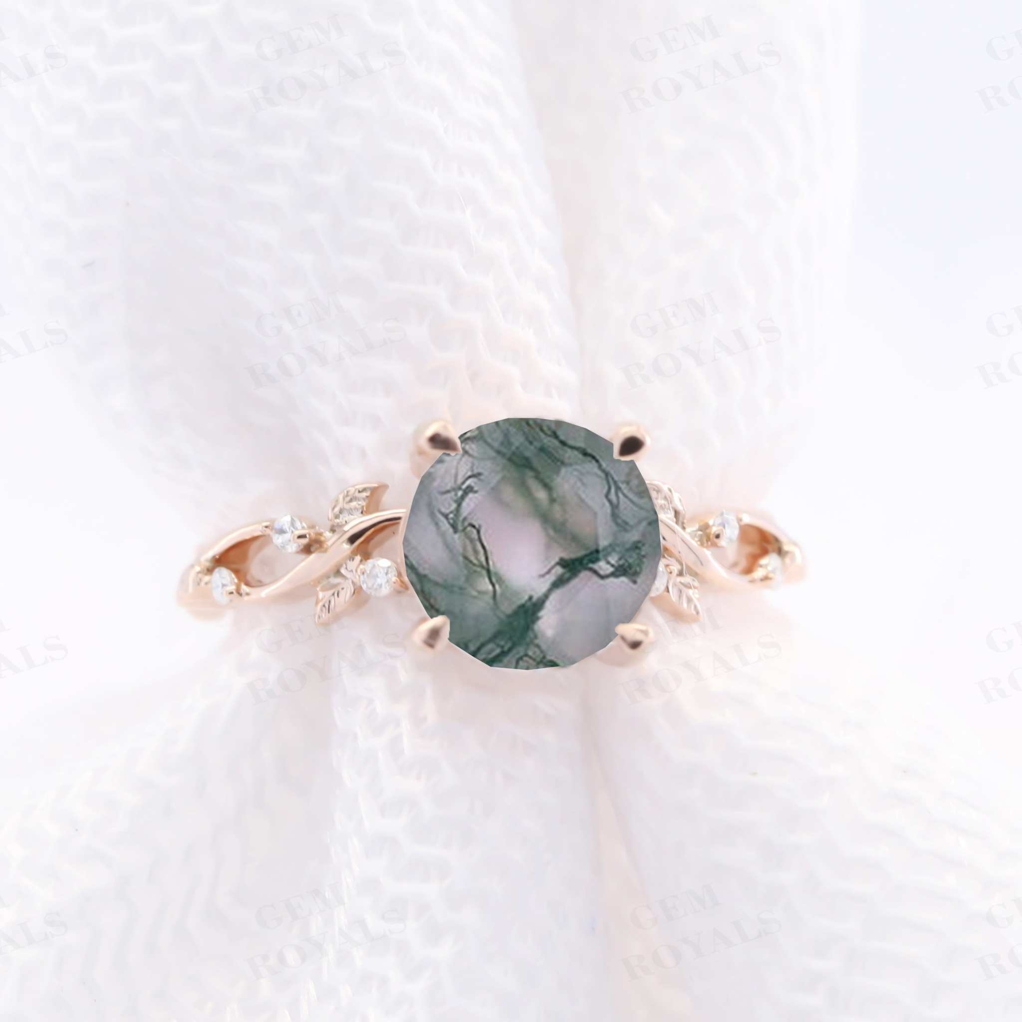 Natural Inspired Round Moss Agate Engagement Ring