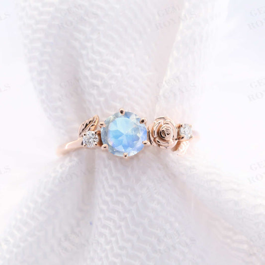 Dainty Flower Round Cut Moonstone Engagement Ring