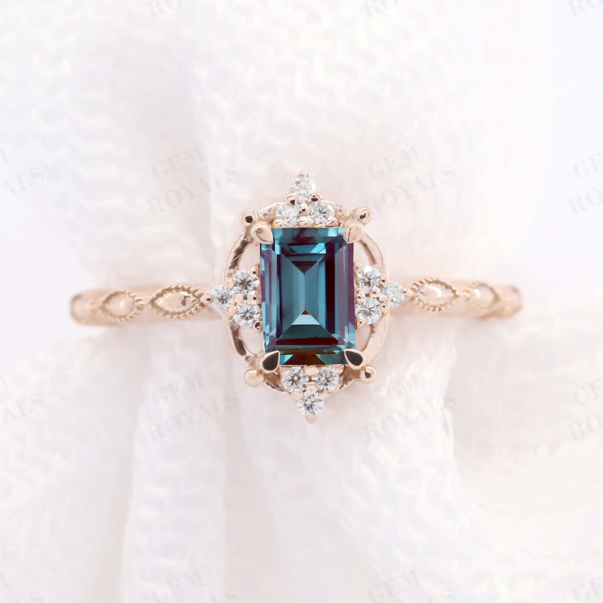 Vintage Style Emerald Cut Alexandrite Engagement Ring