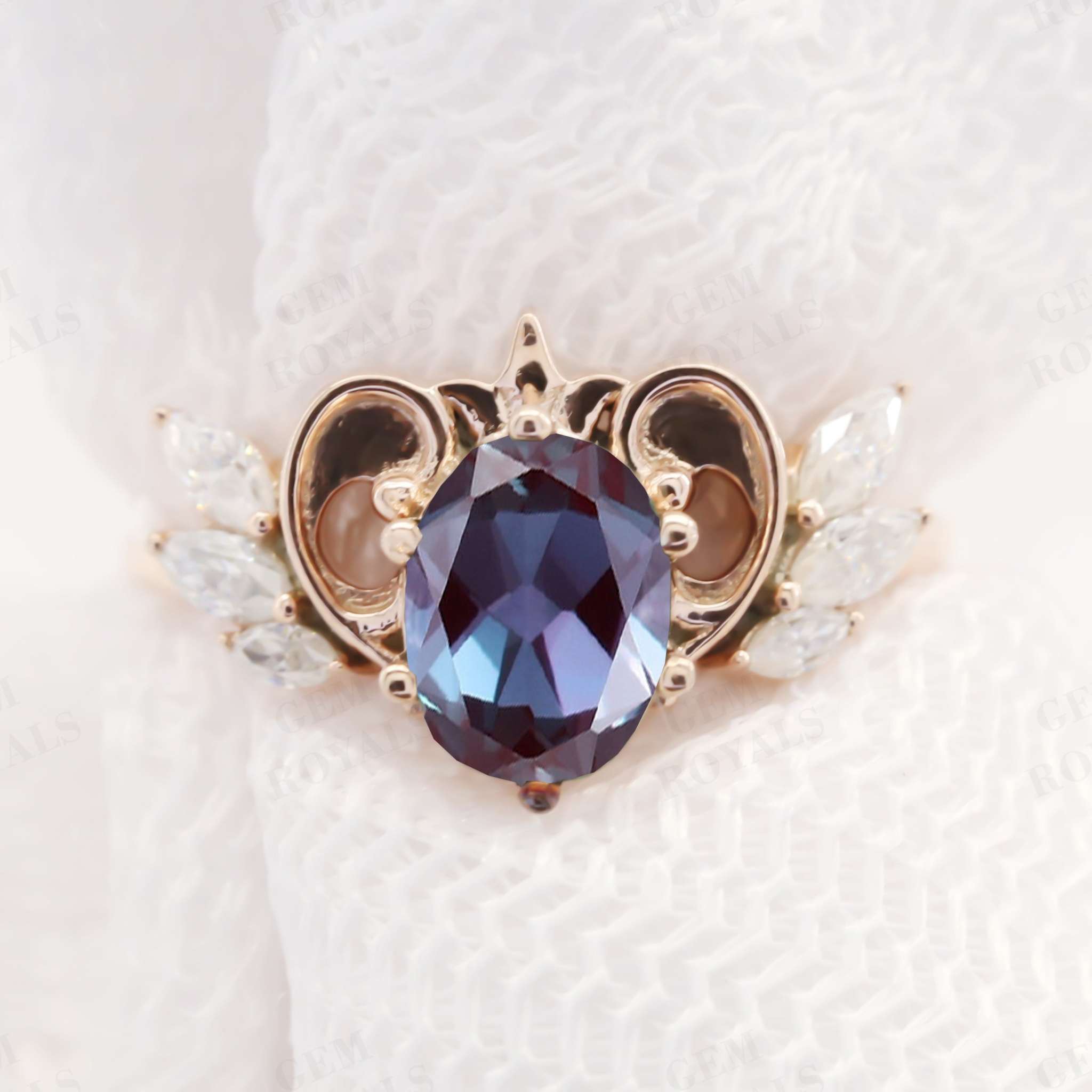 Unique Flying Heart Oval Alexandrite Engagement Ring