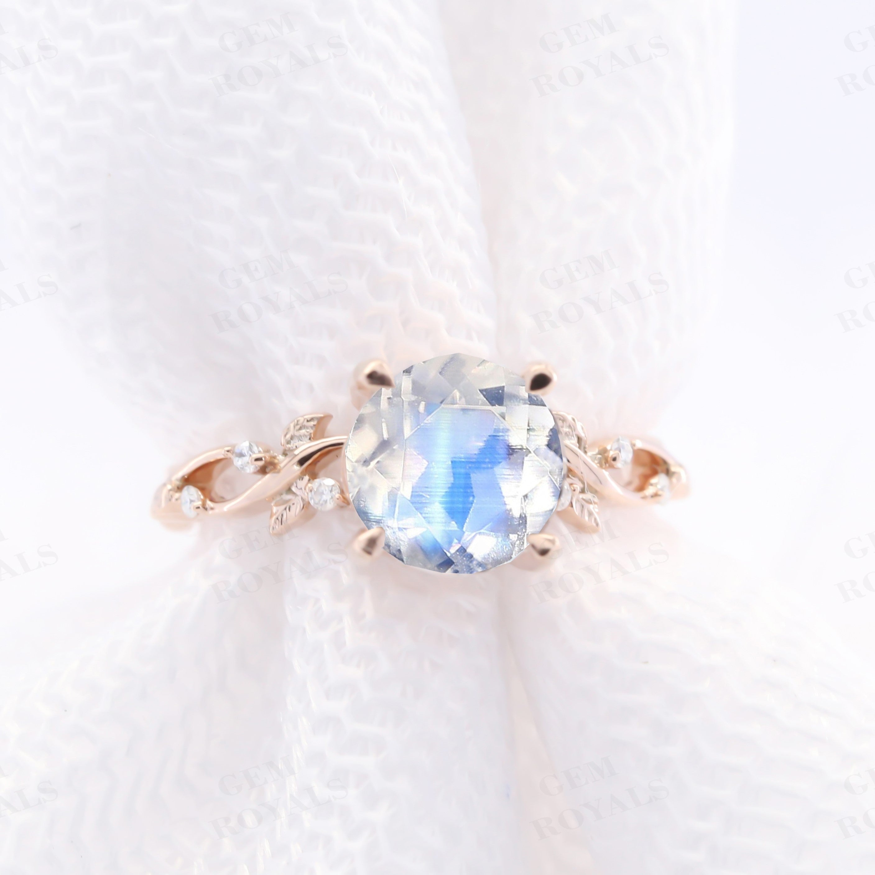 Nature Inspired Round Rainbow Moonstone Engagement Ring