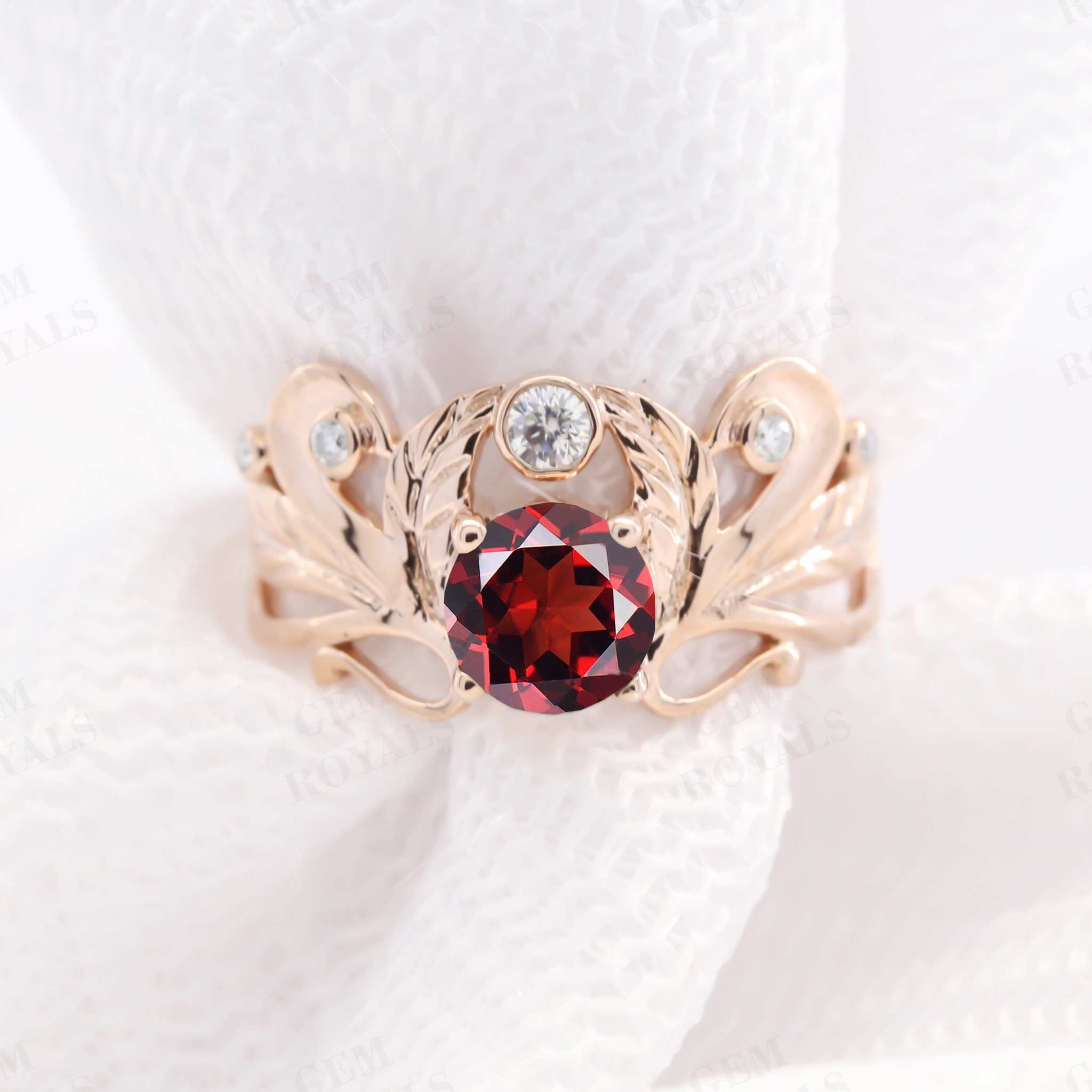 Wide Antique Round Cut Natural Garnet Engagement Ring