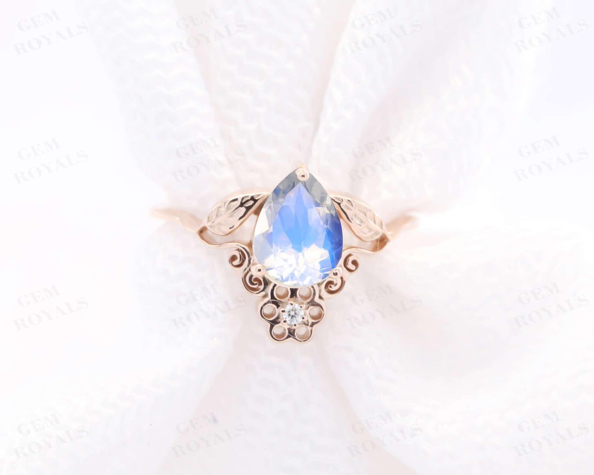 Vintage Nature Inspired Leaf Moonstone Engagement Ring