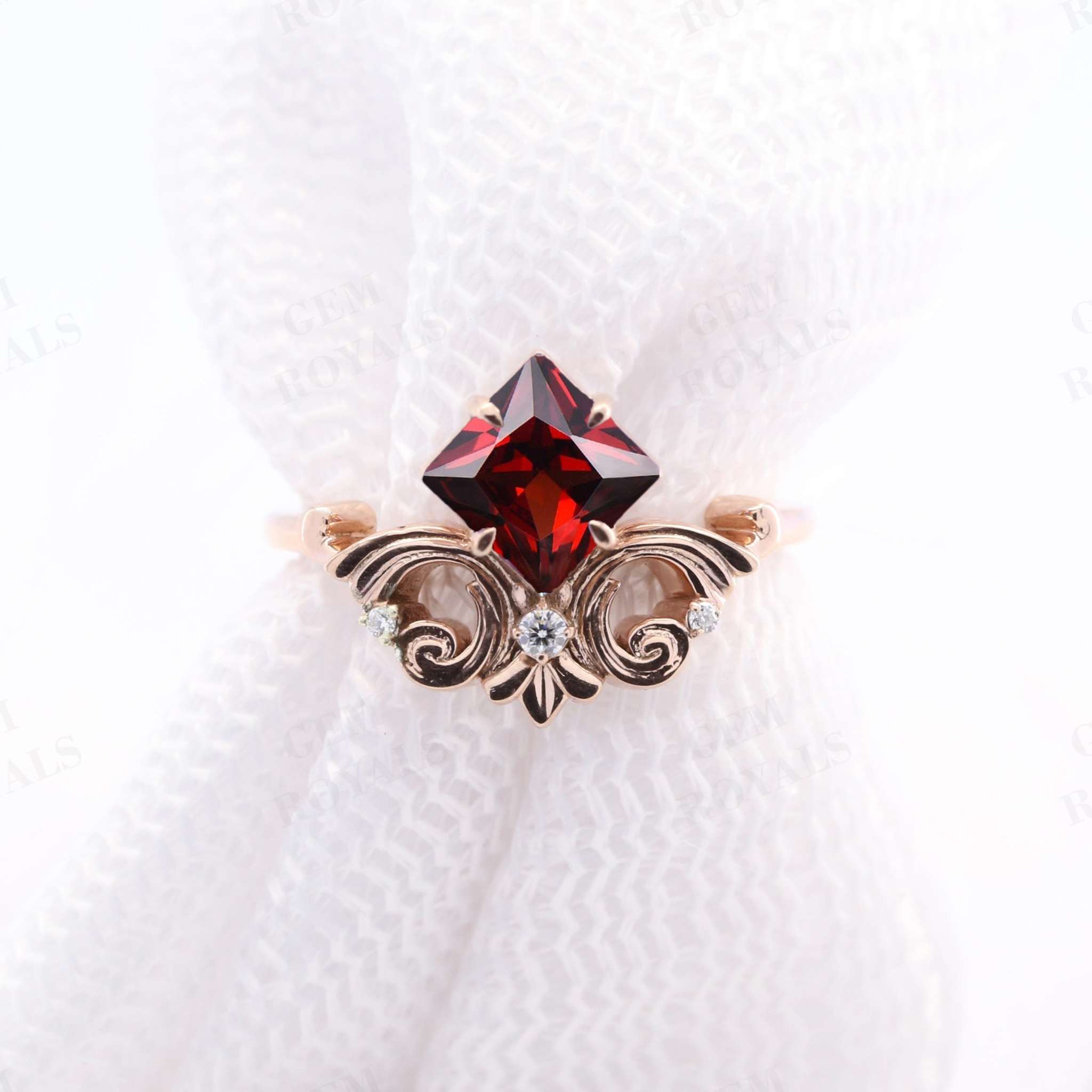 Art Deco Princess Cut Nature Red Garnet Engagement Ring