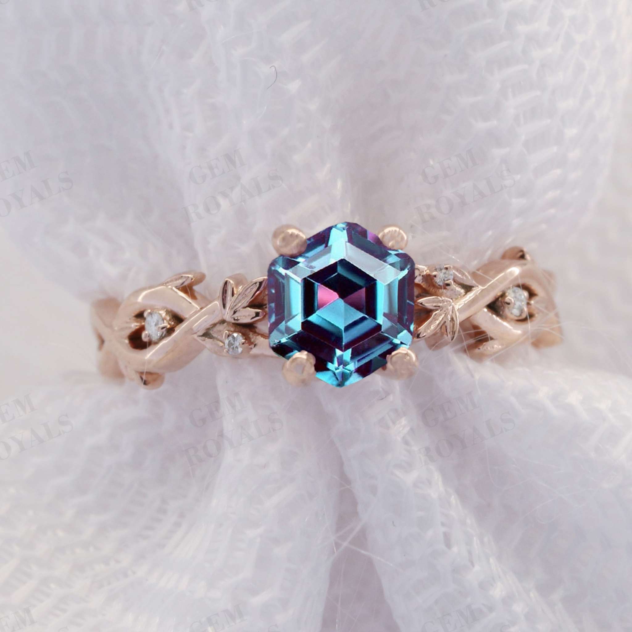 Nature Inspired Hexagon Cut Alexandrite Engagement Ring