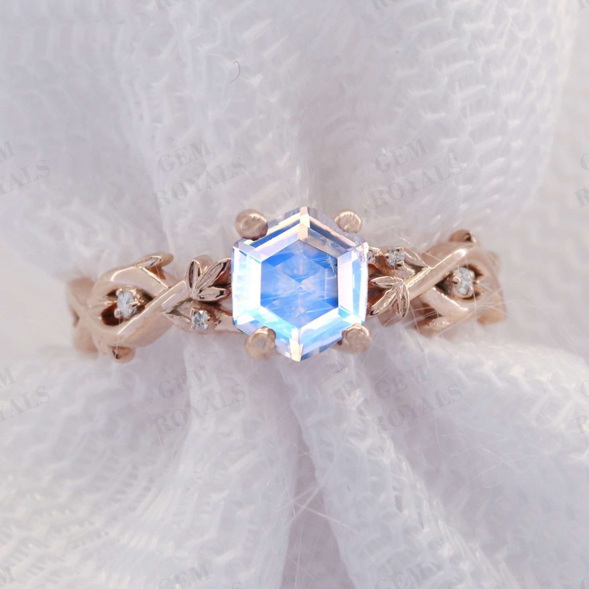 Nature Inspired Hexagon Rainbow Moonstone Engagement Ring