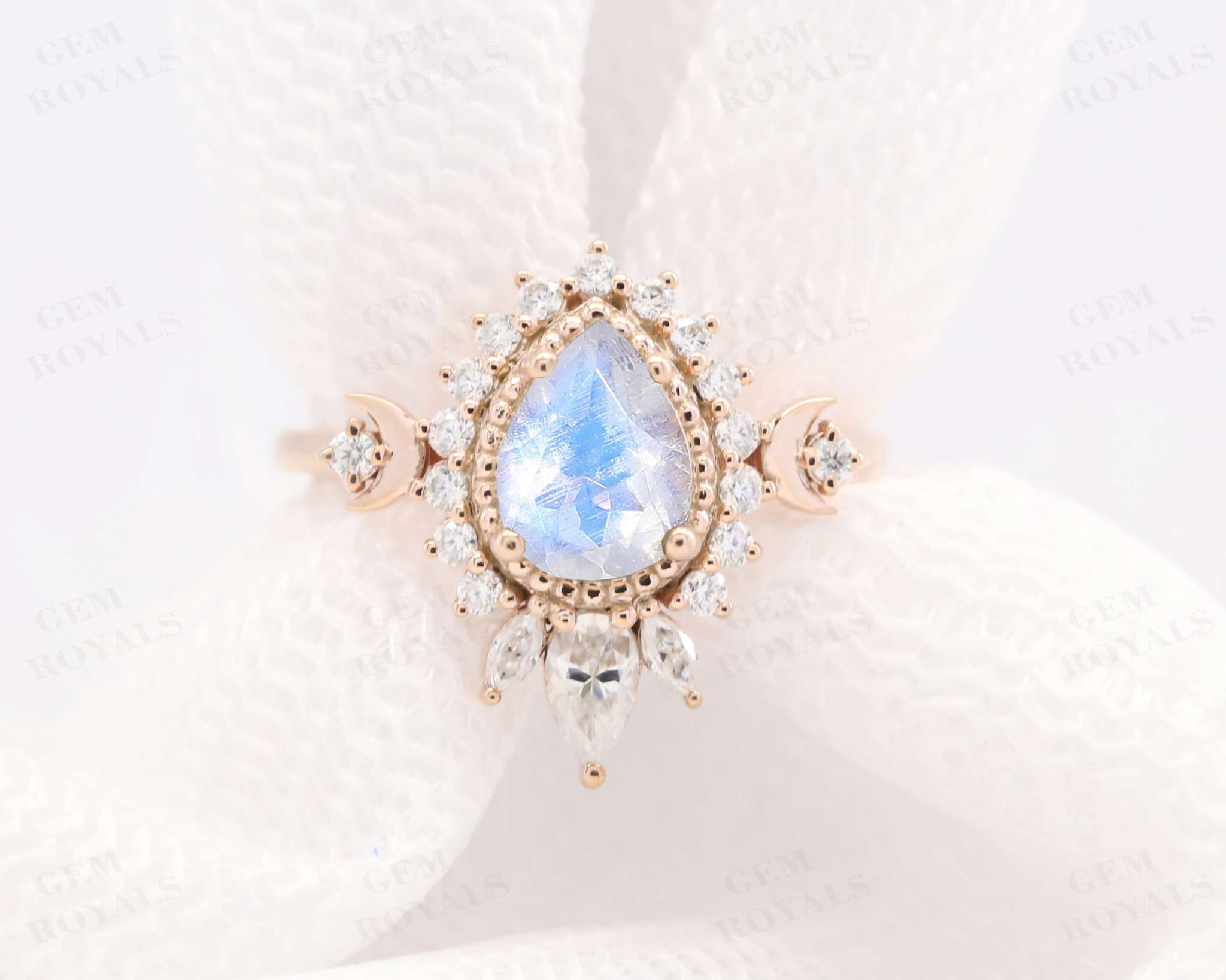 Vintage Pear Shaped Moonstone Halo Engagement Ring