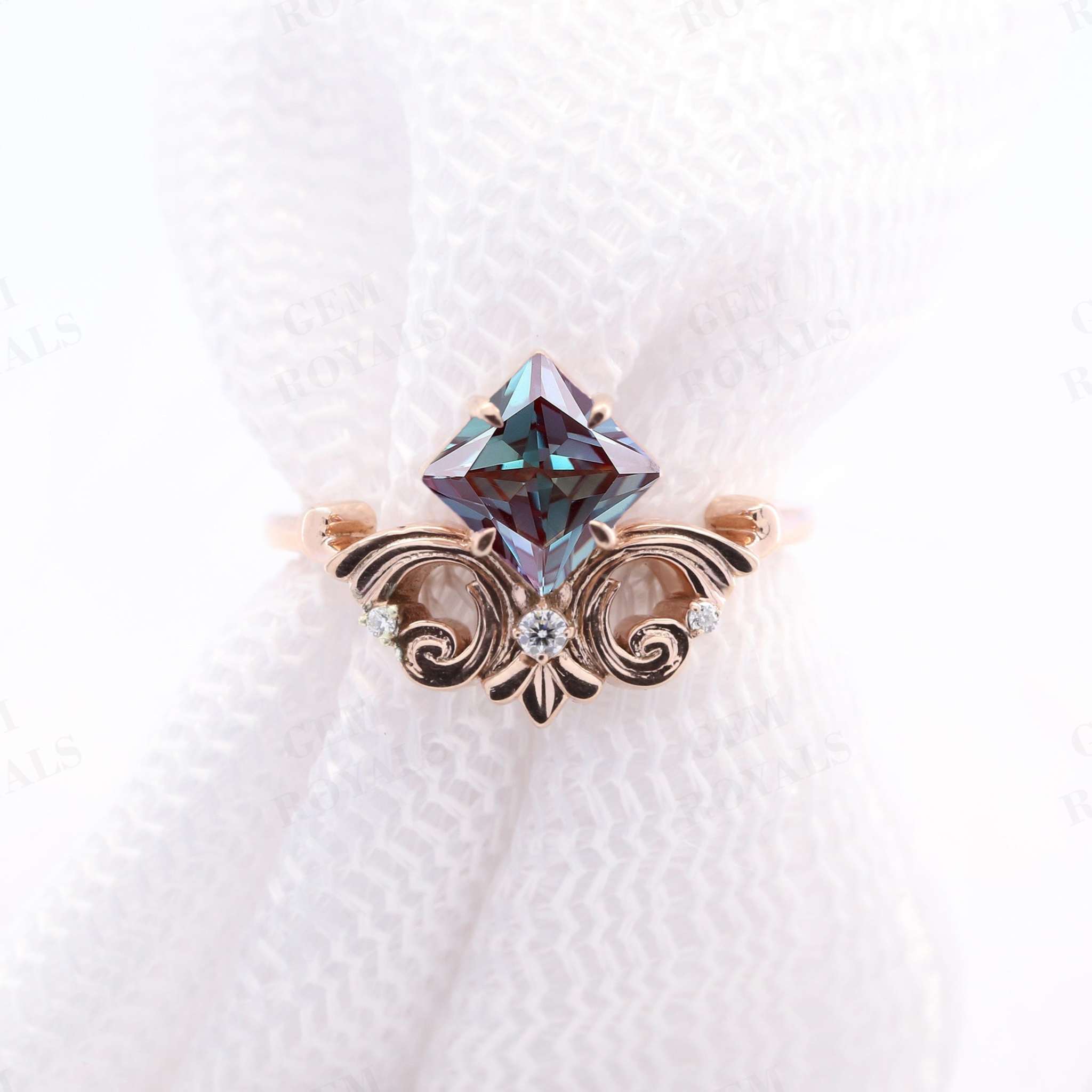 Art Deco Princess Cut Alexandrite Engagement Ring