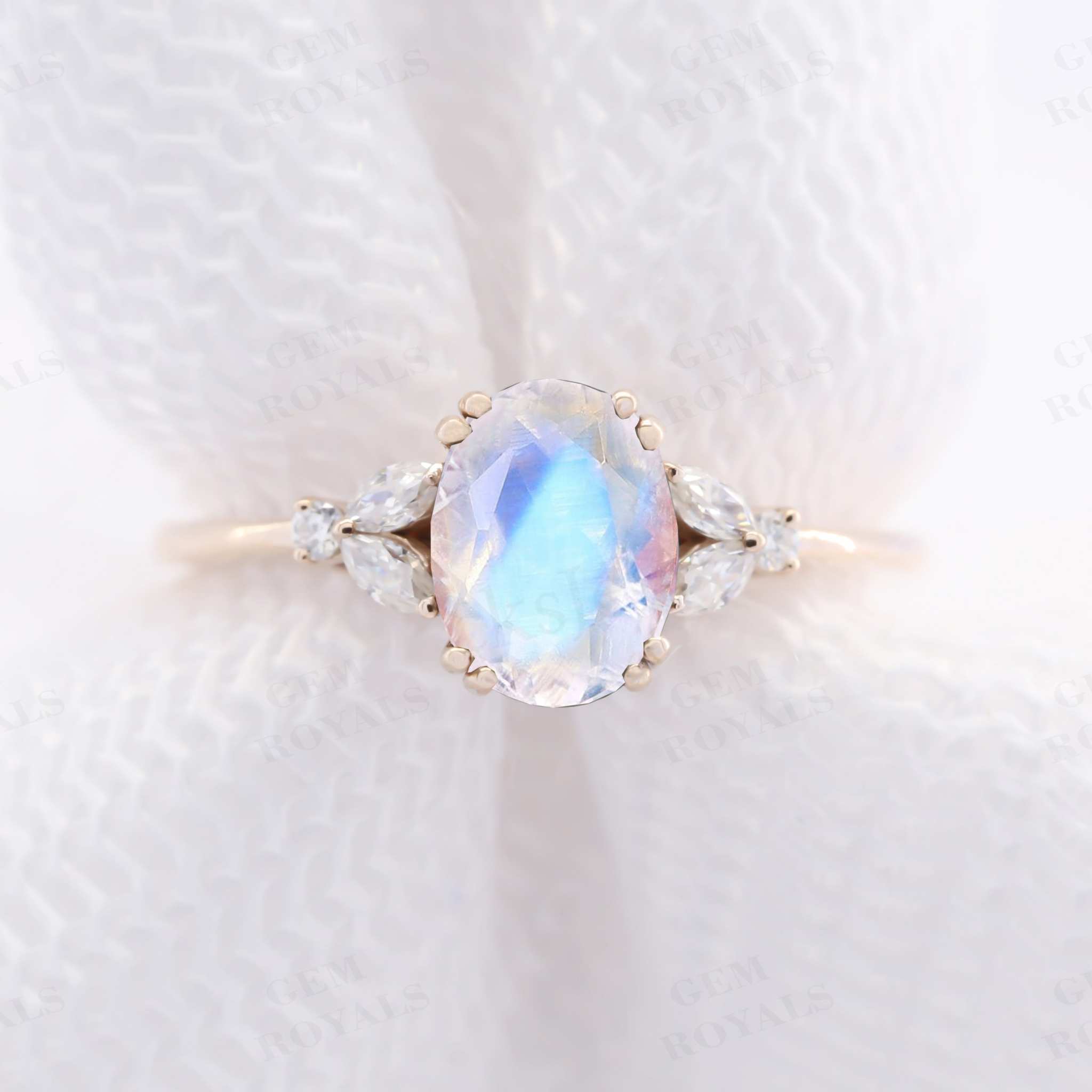 Cluster Oval Cut Rainbow Moonstone Engagement Ring