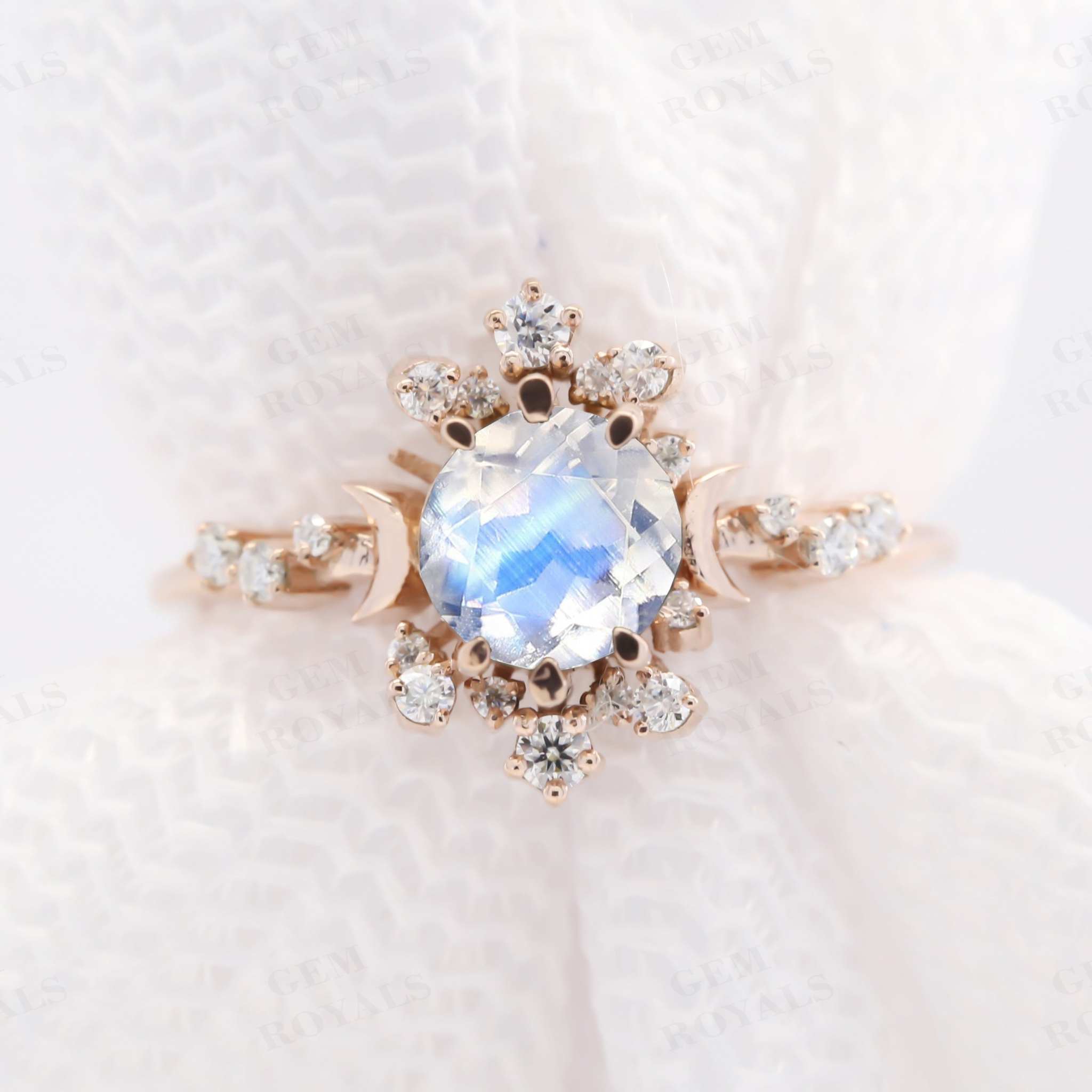 Art Deco Celestial Rainbow Moonstone Engagement Ring