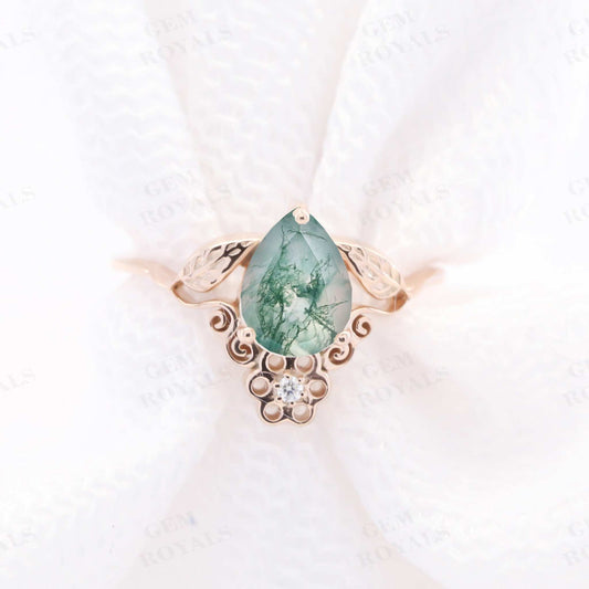 Vintage Pear Shaped Green Moss Agate Engagement Ring