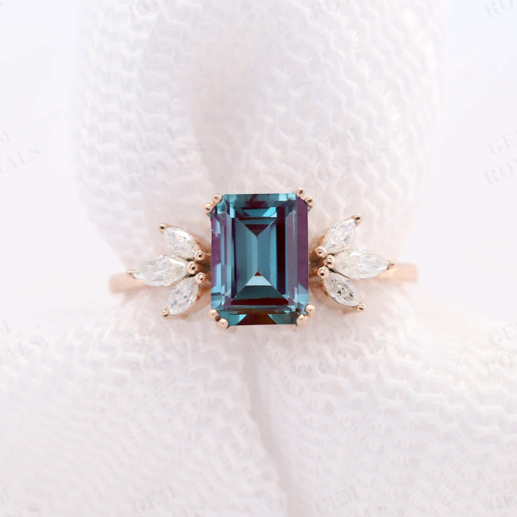 Cluster Emerald Cut Alexandrite Engagement Ring