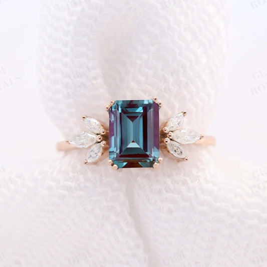 Cluster Emerald Cut Alexandrite Engagement Ring