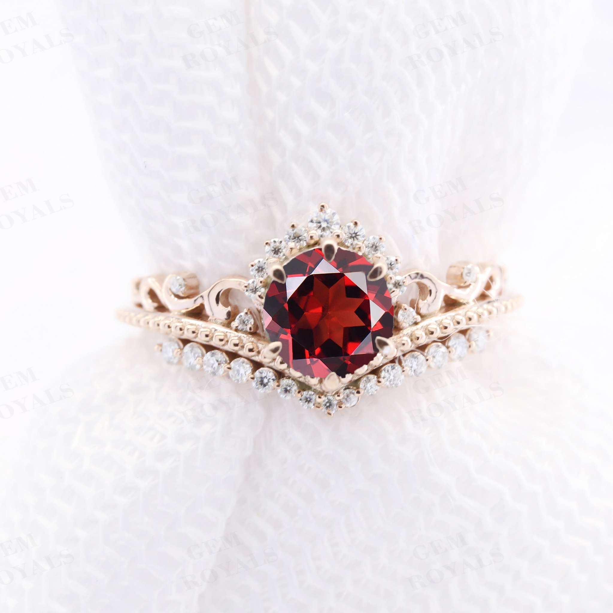 Unique Chevron Round Red Garnet Engagement Ring