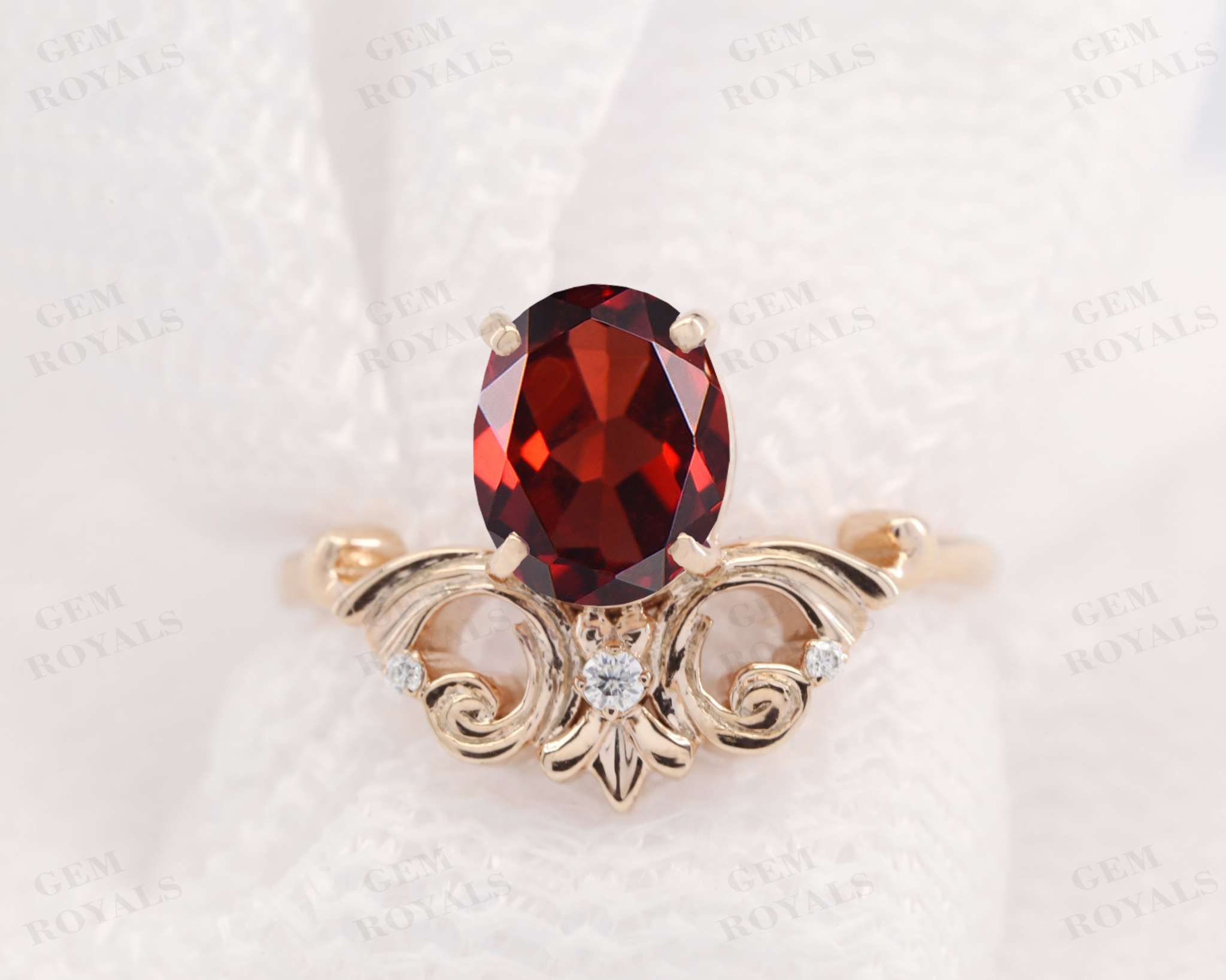 Vintage Leaf Art Deco Oval Cut Garnet Engagement Ring