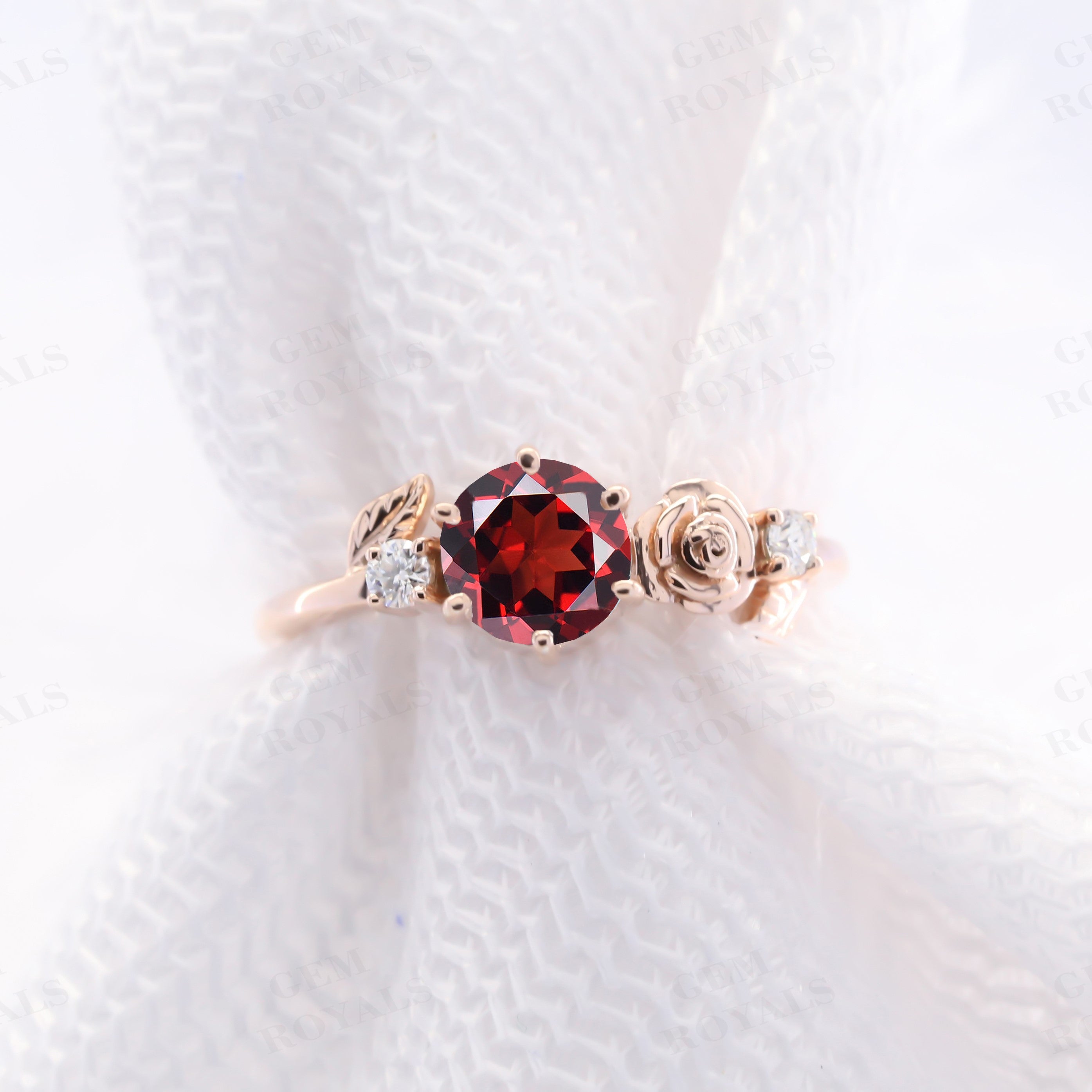 Art Deco Dainty Flower Round Natural Garnet Engagement Ring