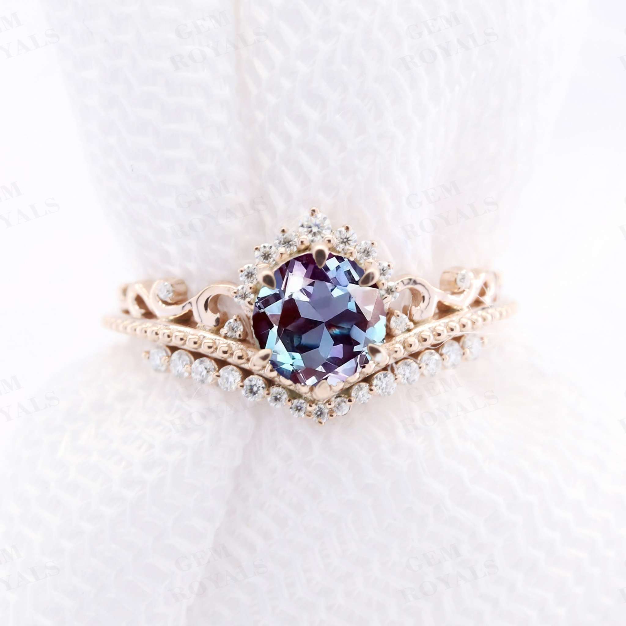 Vintage Chevron Round Alexandrite Engagement Ring