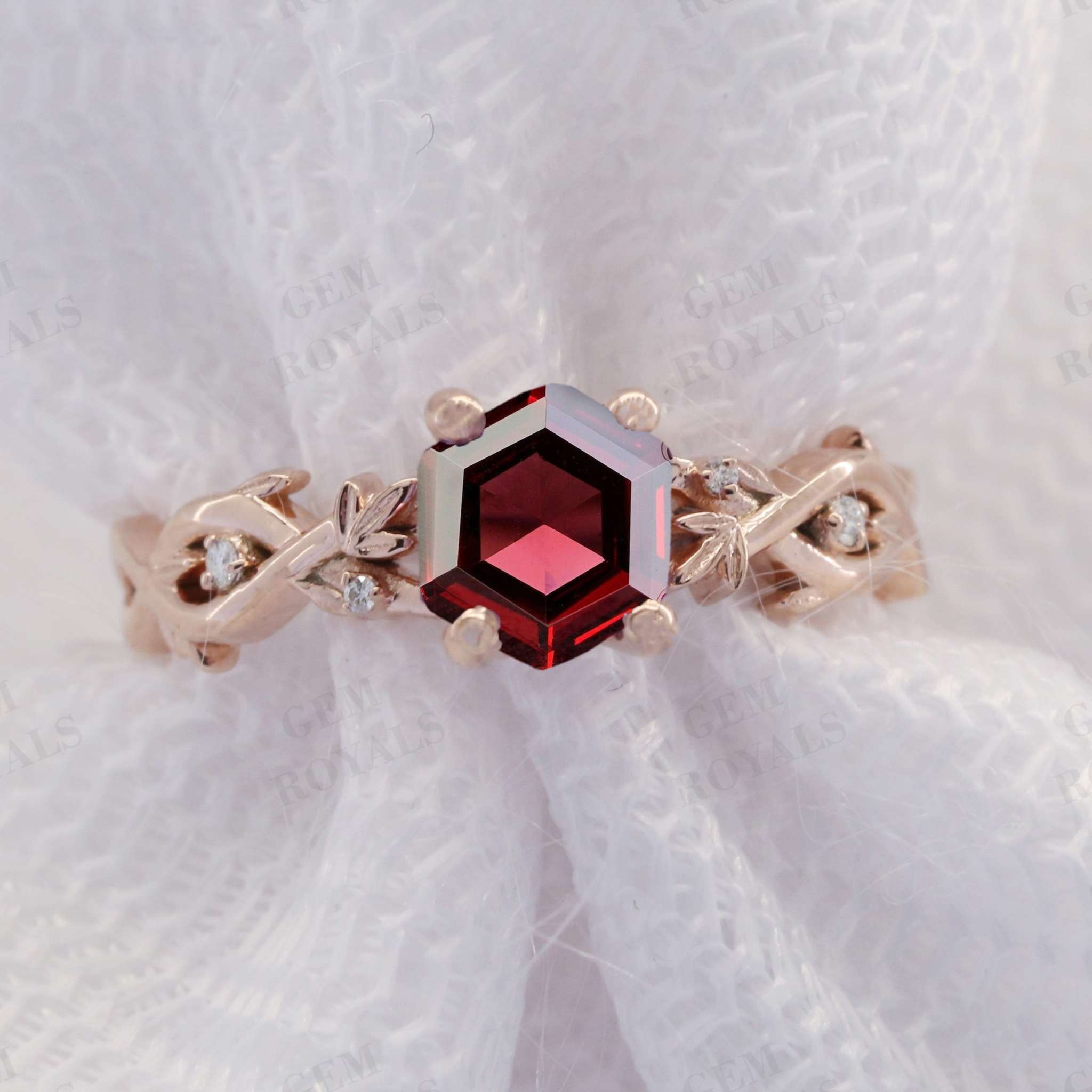 Nature Inspired Hexagon Cut Garnet Engagement Ring