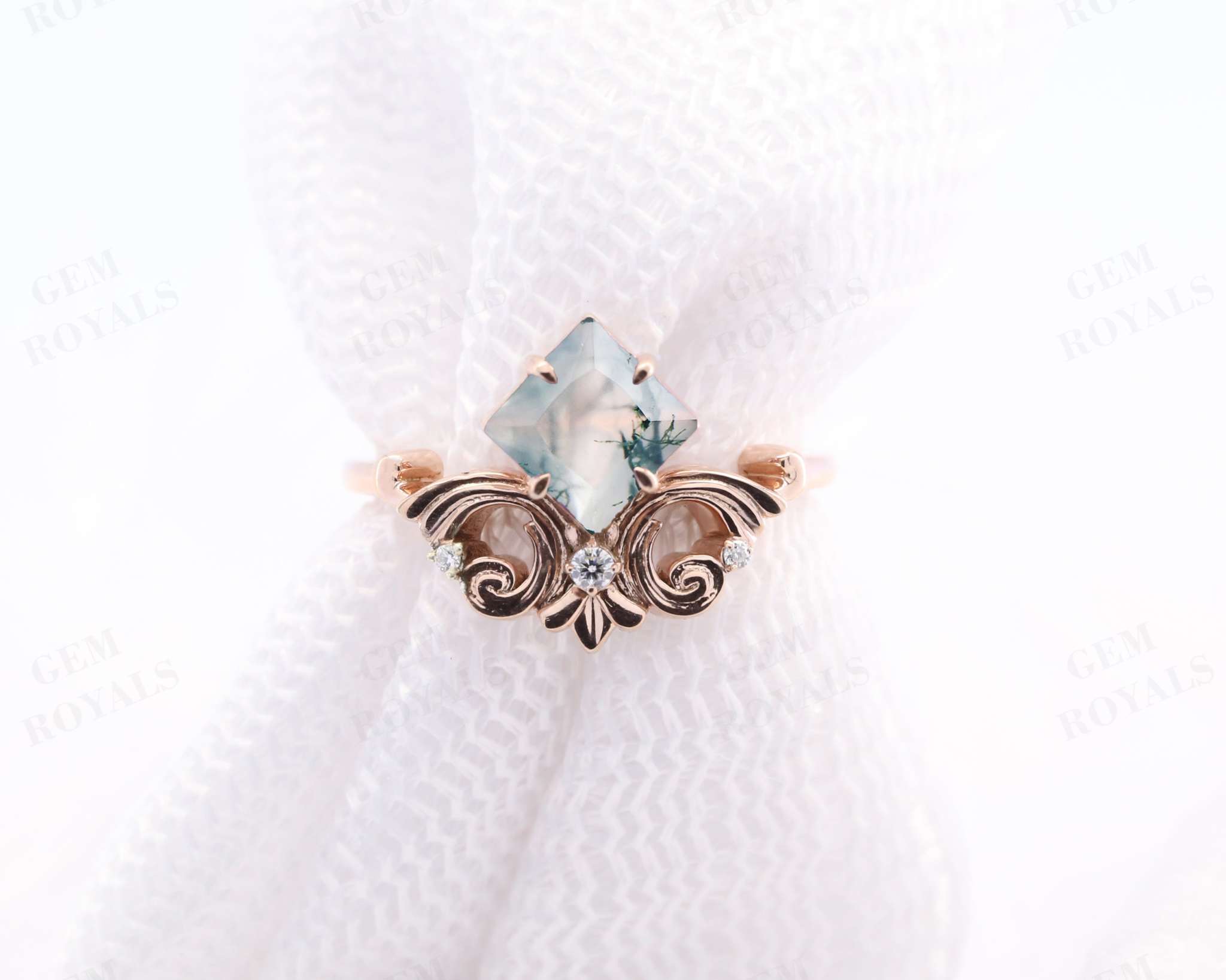 Vintage Style Unique Princess Moss Agate Engagement Ring