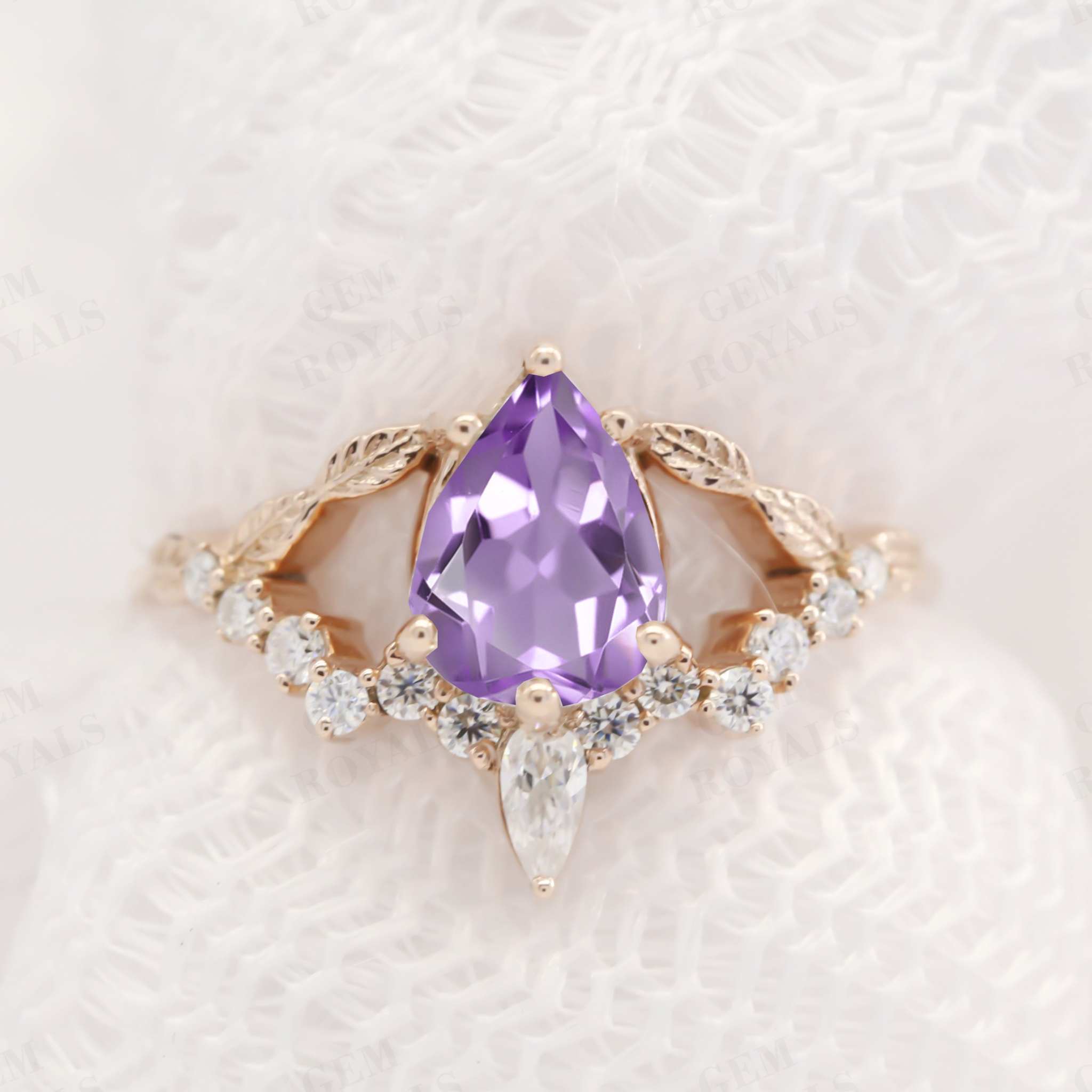 Nature Inspired Leaf Design Pear Amethyst Engagement Ring