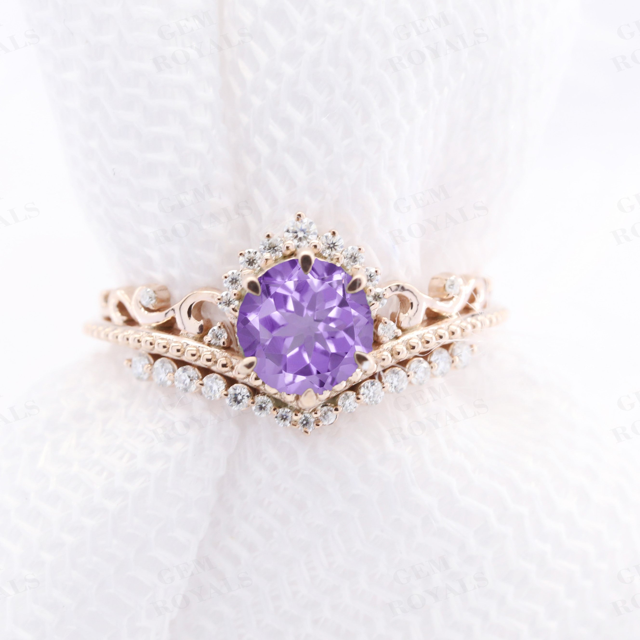 Art Deco Chevron style Round Amethyst Engagement Ring