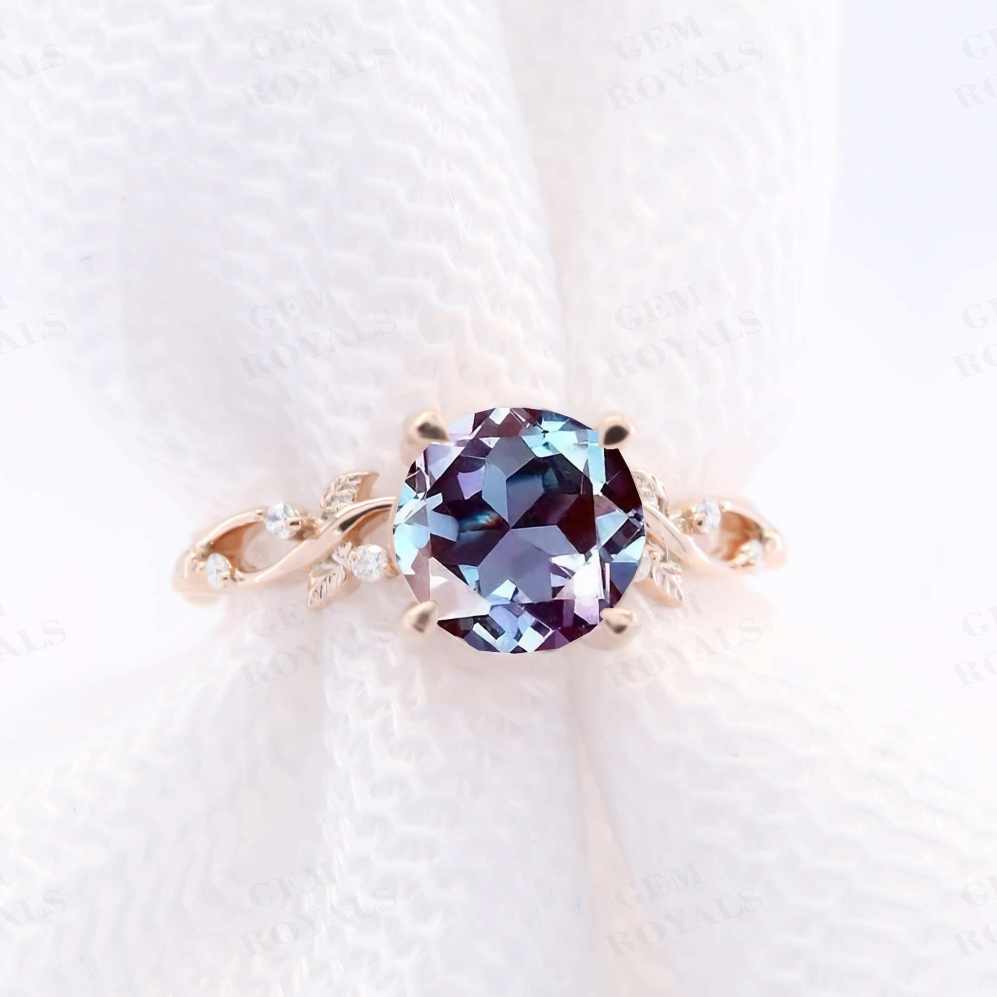 2.00CT Unique Leaf Design Round Alexandrite Engagement Ring