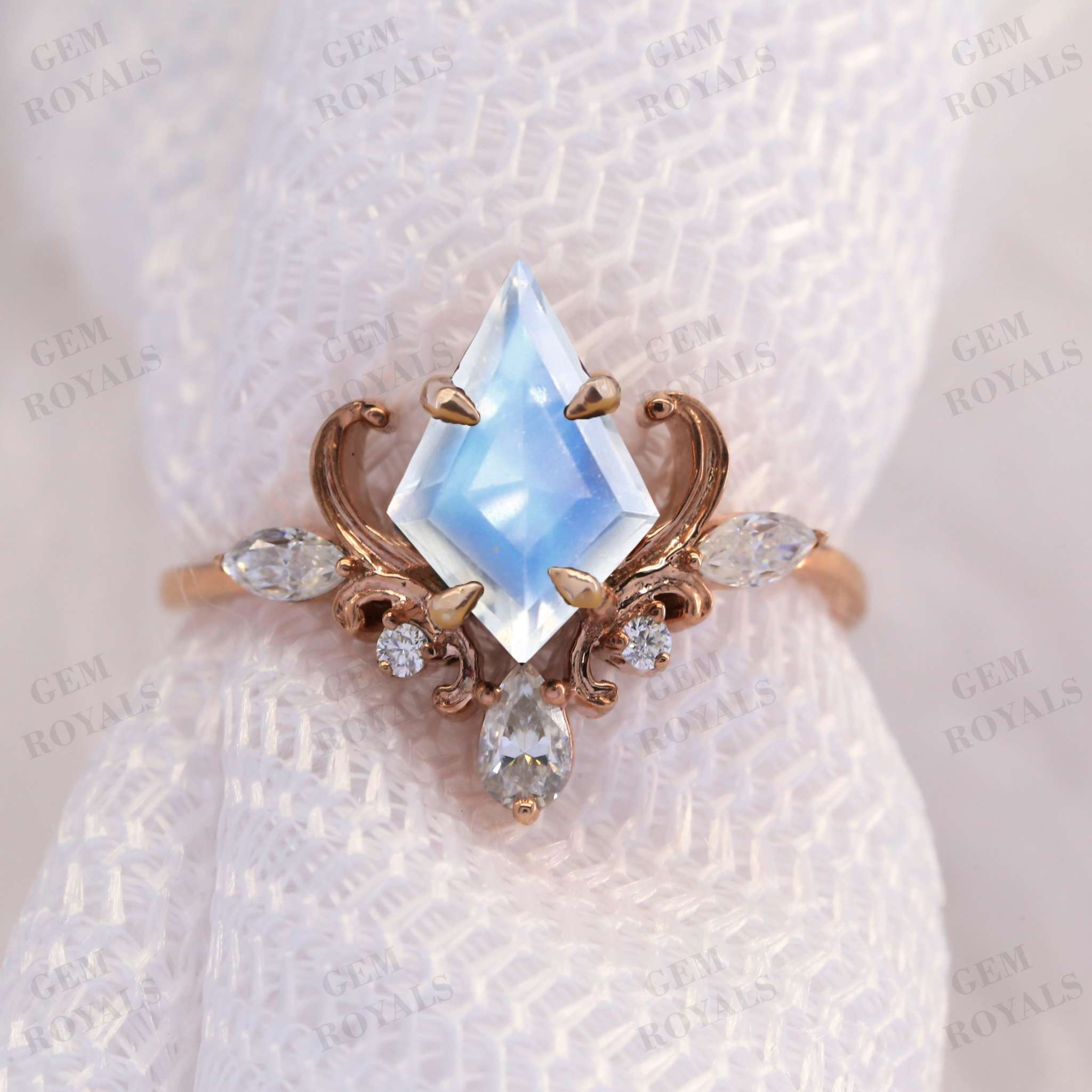 Vintage Style Kite Cut Moonstone Engagement Ring