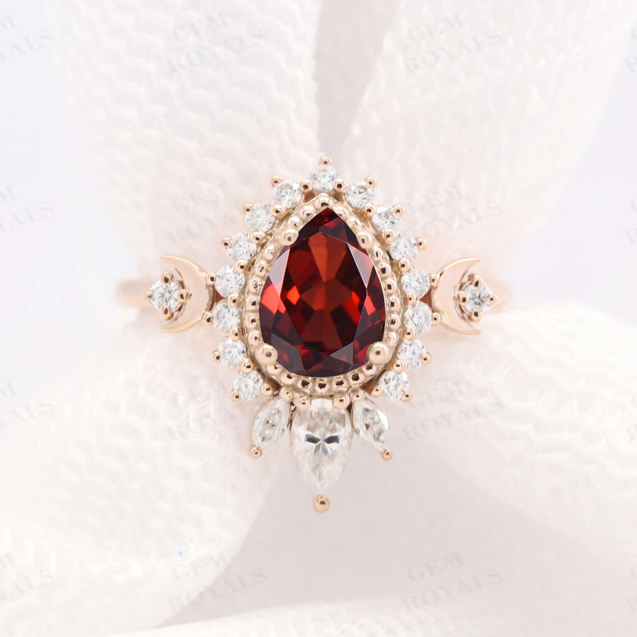 Art Deco Pear Shaped Red Garnet Halo Engagement Ring