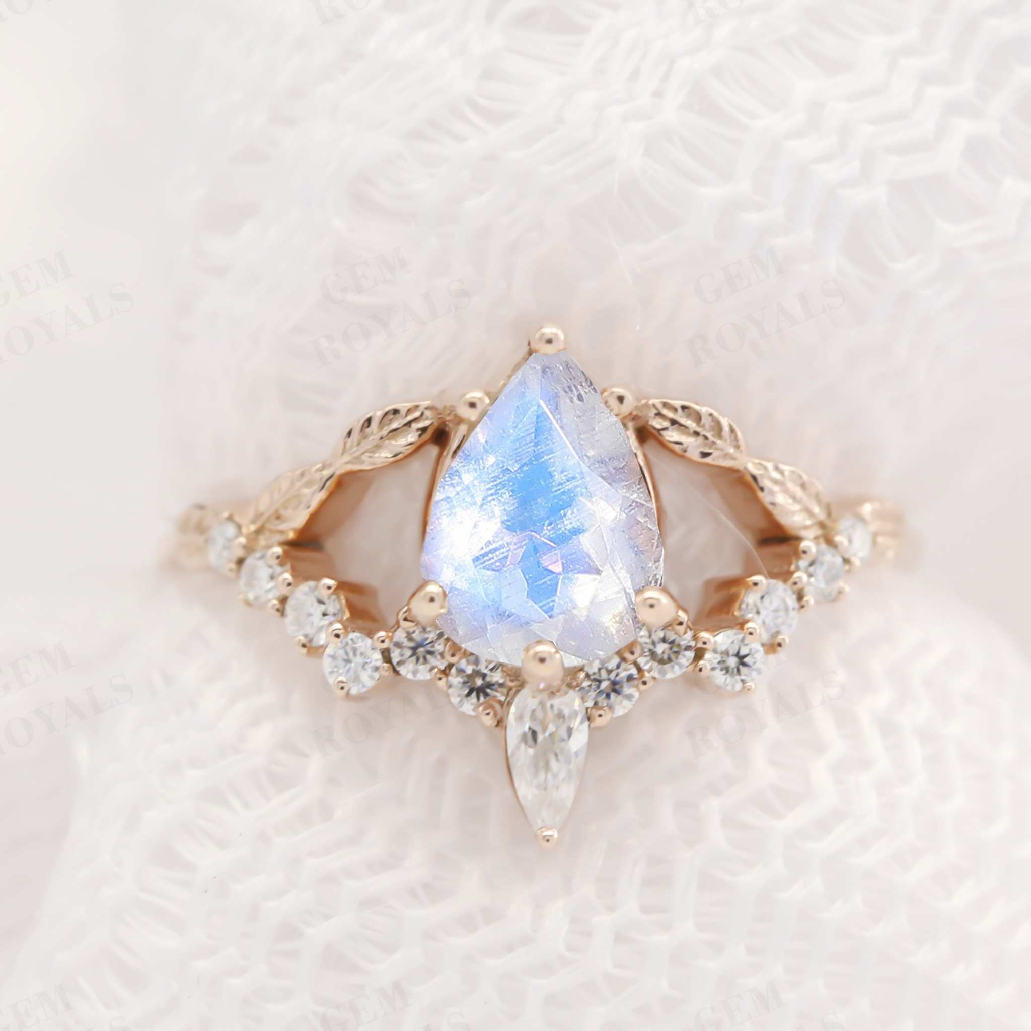 Nature Inspired Pear Cut Rainbow Moonstone Engagement Ring