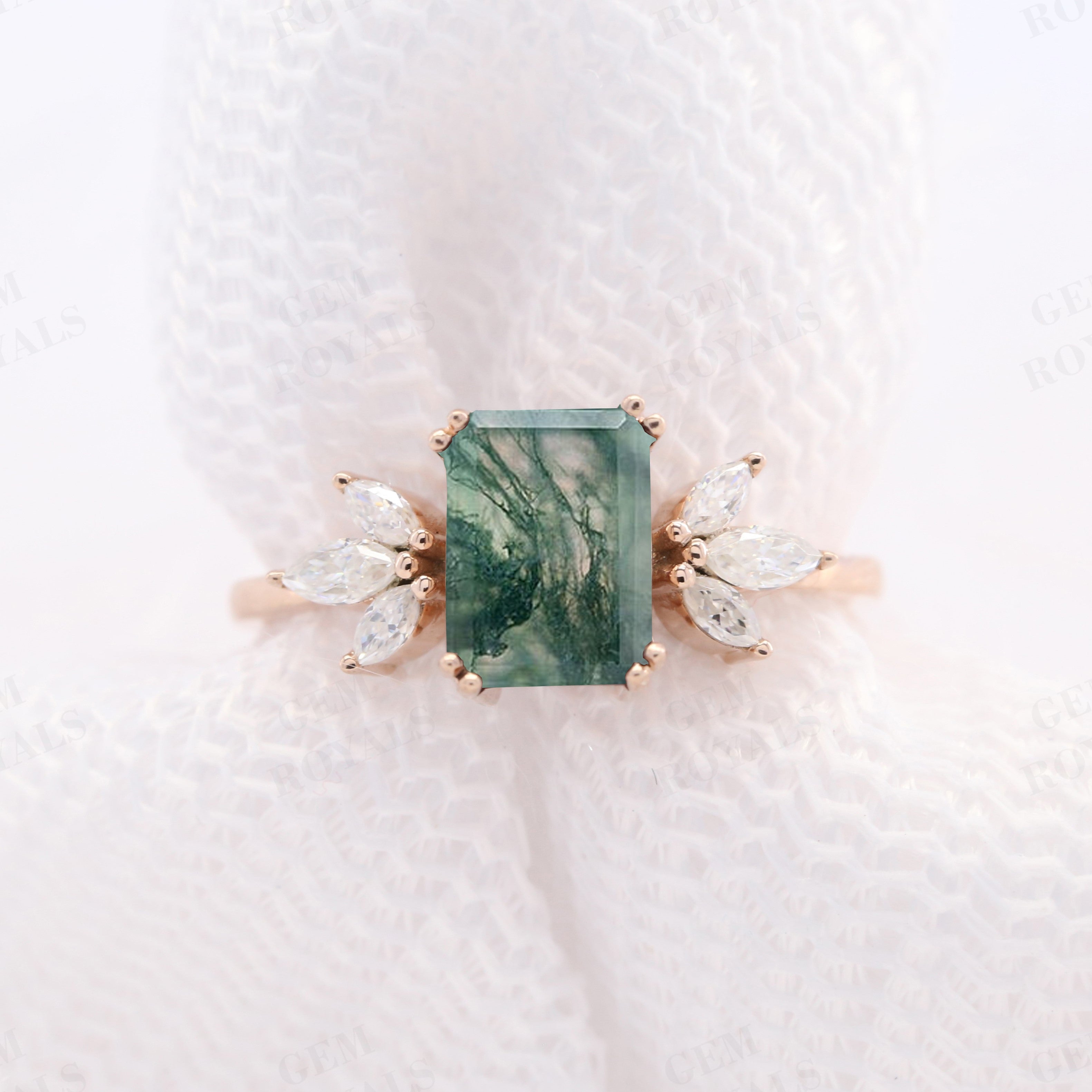 Cluster Emerald Cut Natural Moss Agate Engagement Ring