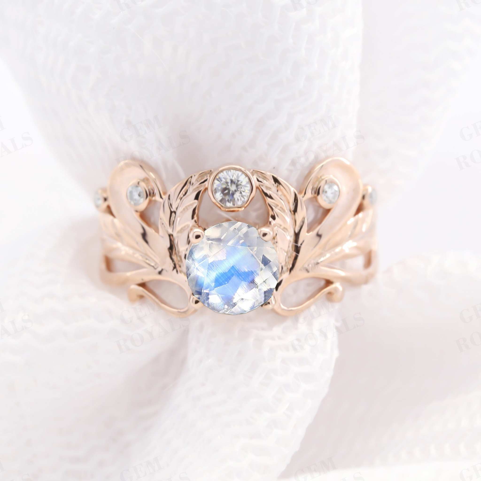 Dainty Solitaire Round Rainbow Moonstone Engagement Ring