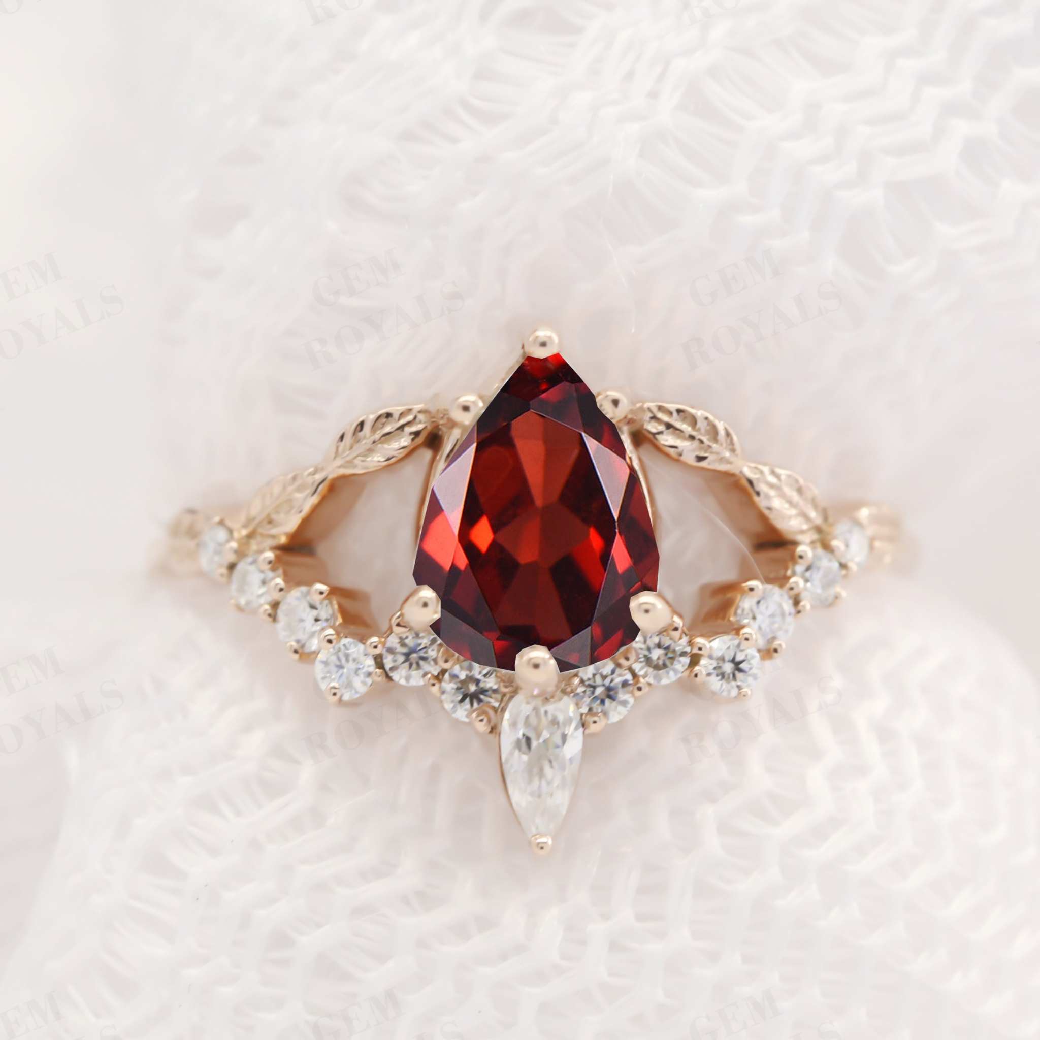 Nature Inspired Pear Shaped Natural Garnet Engagement Ring