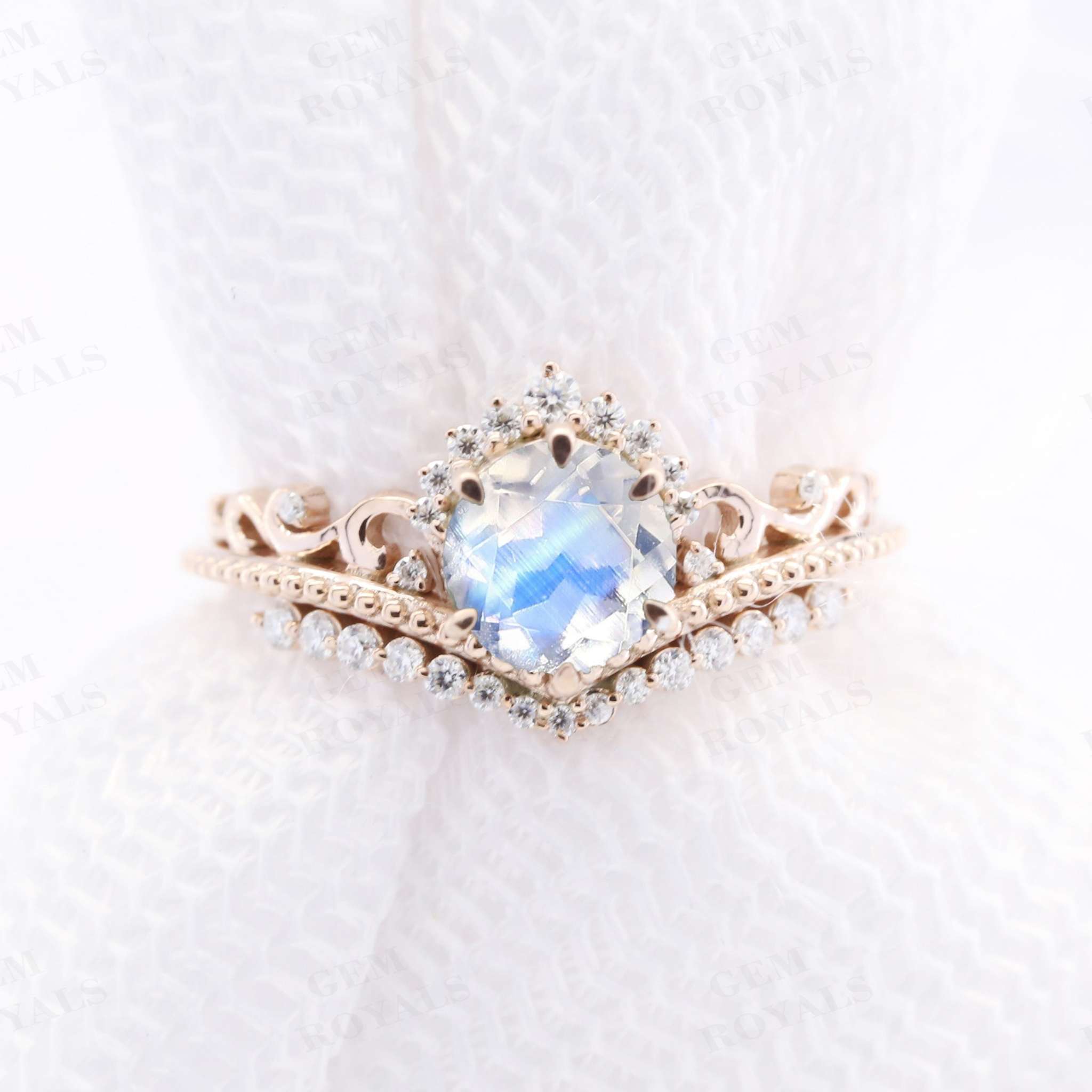 Vintage Style Unique Round Moonstone Engagement Ring