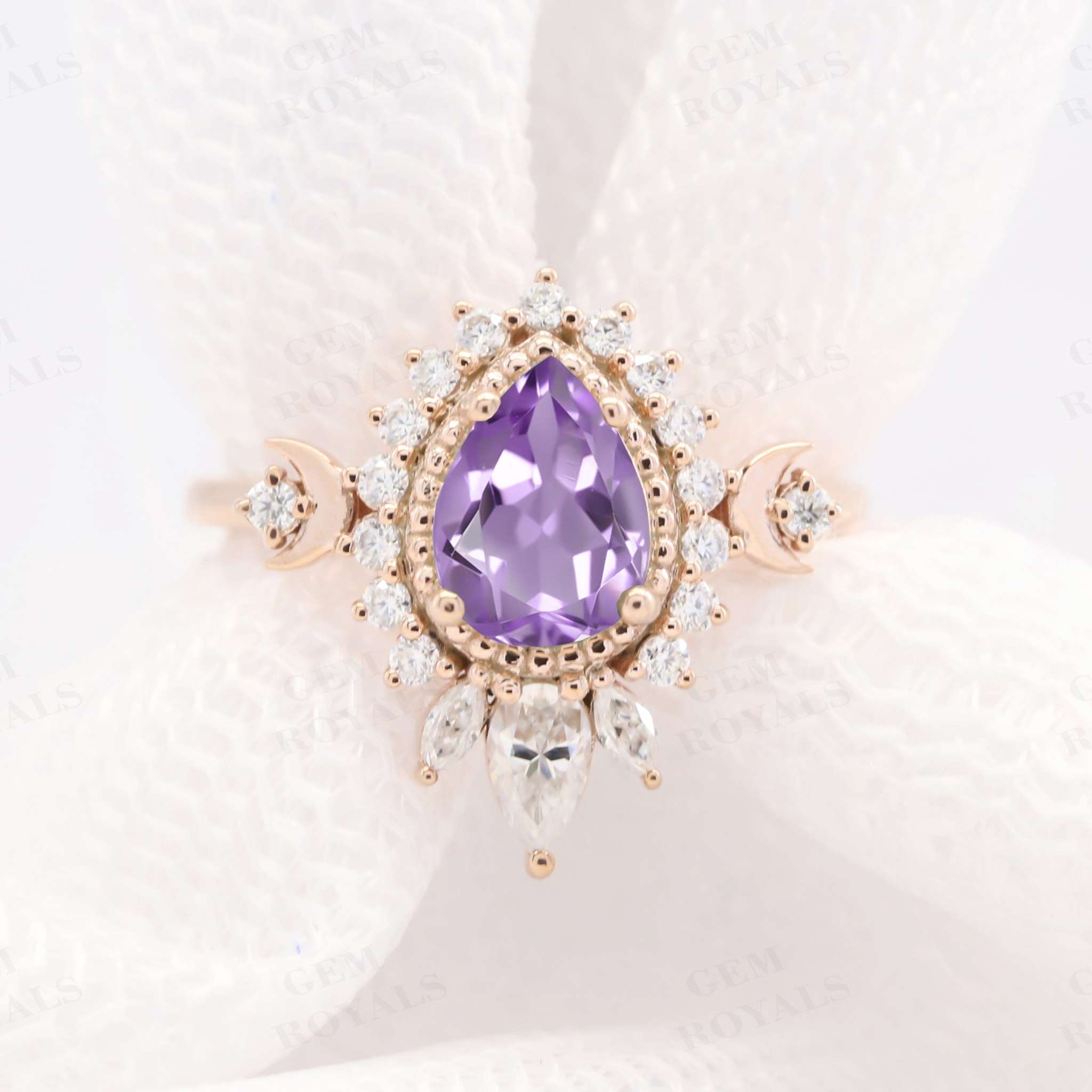 Art Deco Pear Shaped Natural Amethyst Engagement Ring