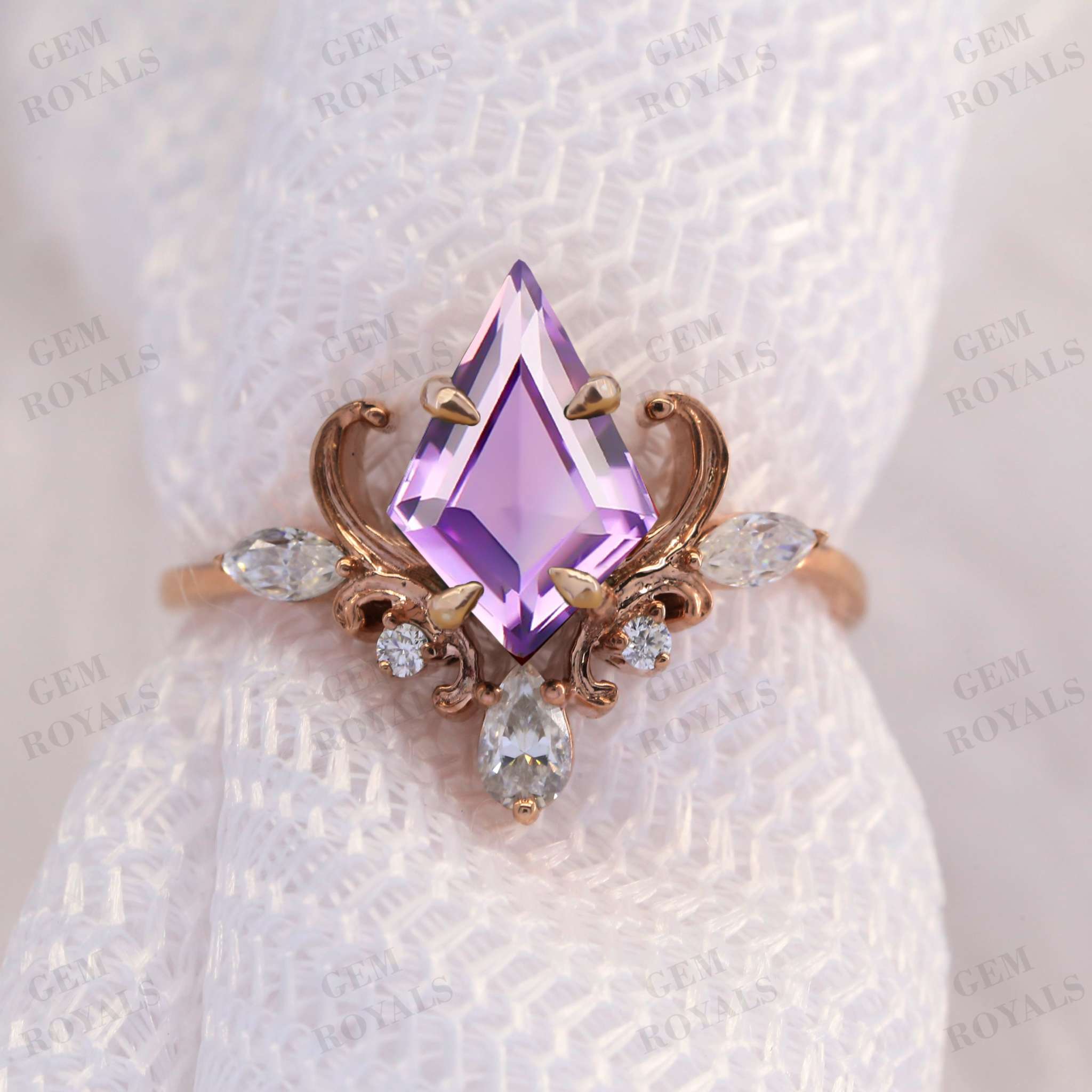 Vintage Style Unique Kite Cut Amethyst Engagement Ring