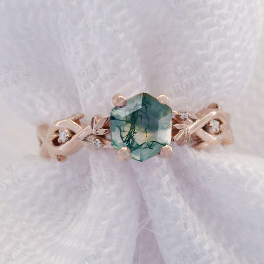 Unique Hexagon Cut Natural Moss Agate Engagement Ring