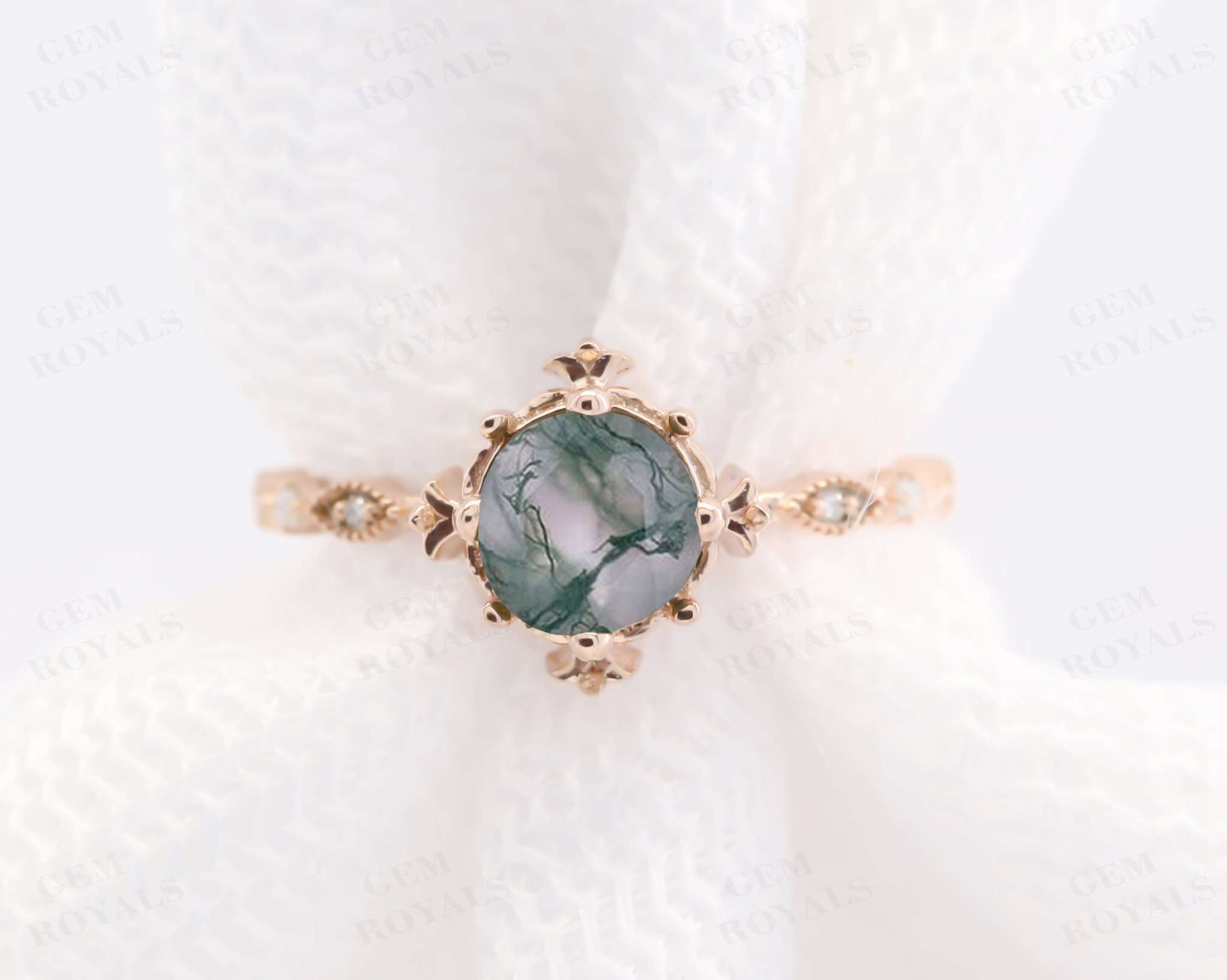 Art Deco Round Cut Natural Moss Agate Engagement Ring