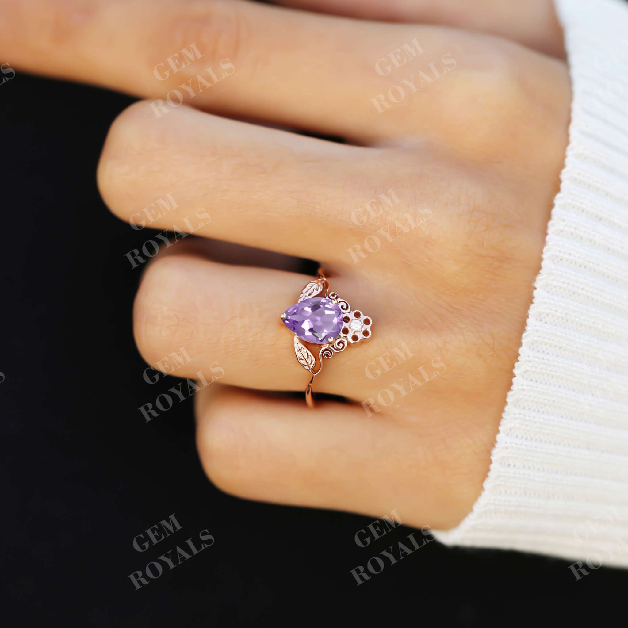 Vintage Style Pear Shaped Natural Amethyst Engagement Ring