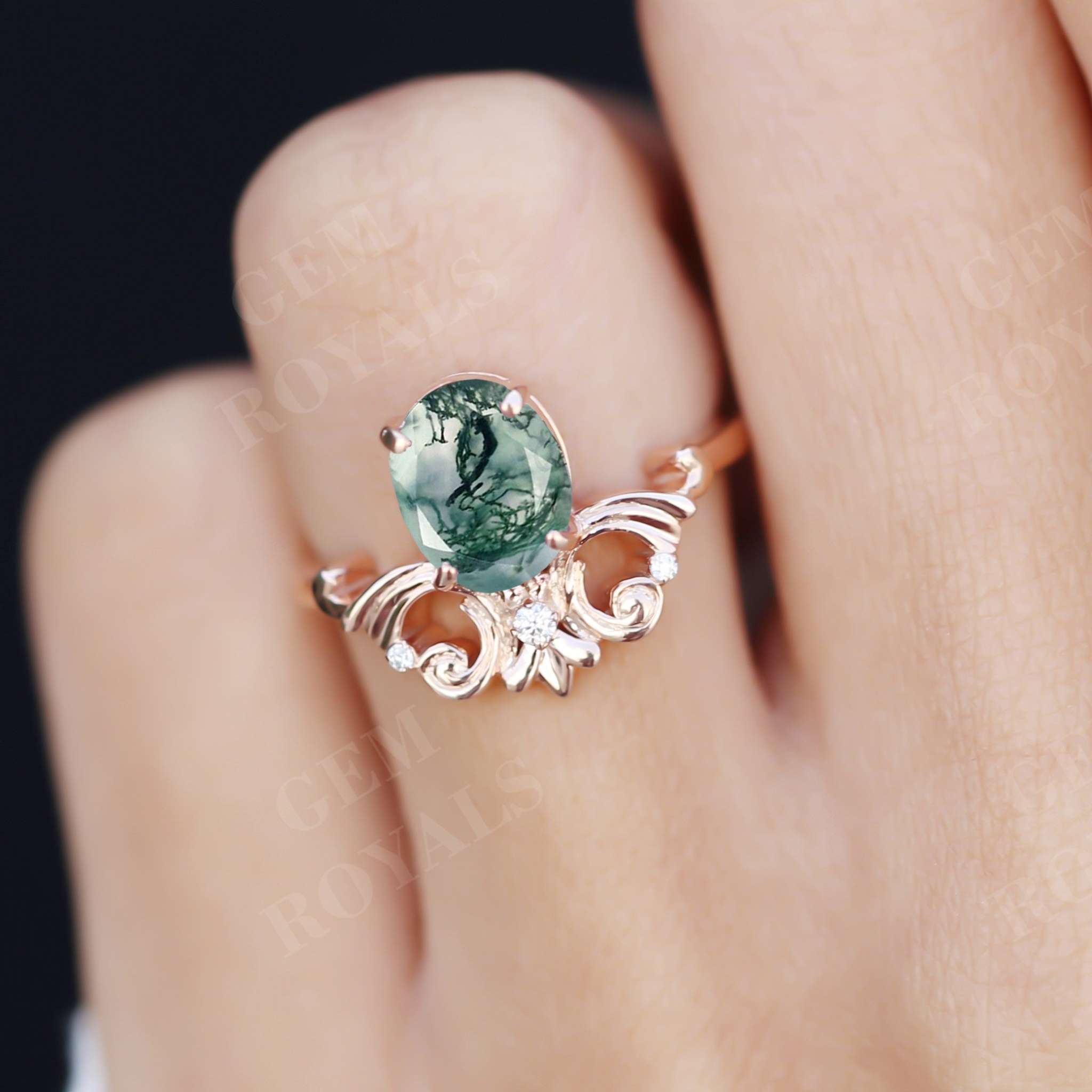 Vintage Oval Moss Agate Solitaire Engagement Ring