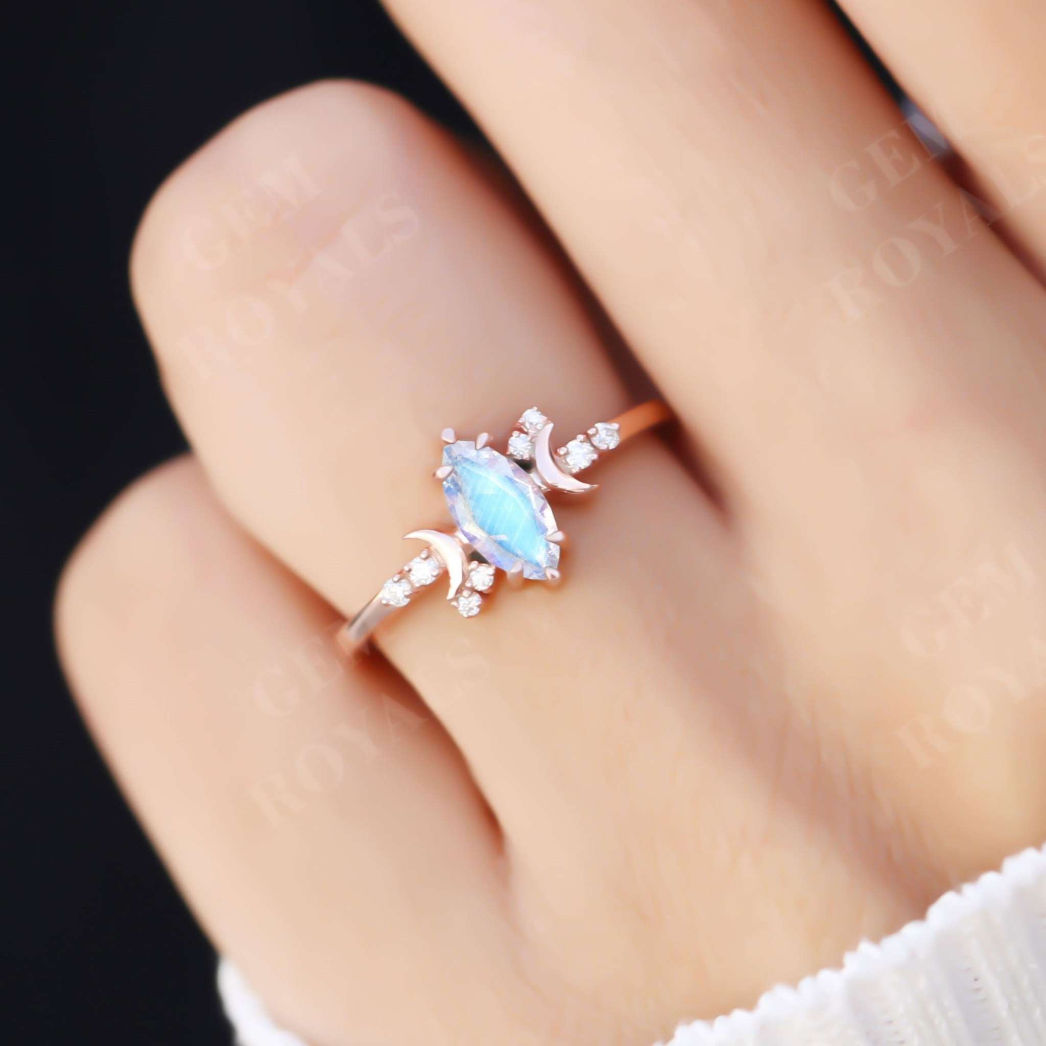 Celestial Marquise Cut Rainbow Moonstone Engagement Ring