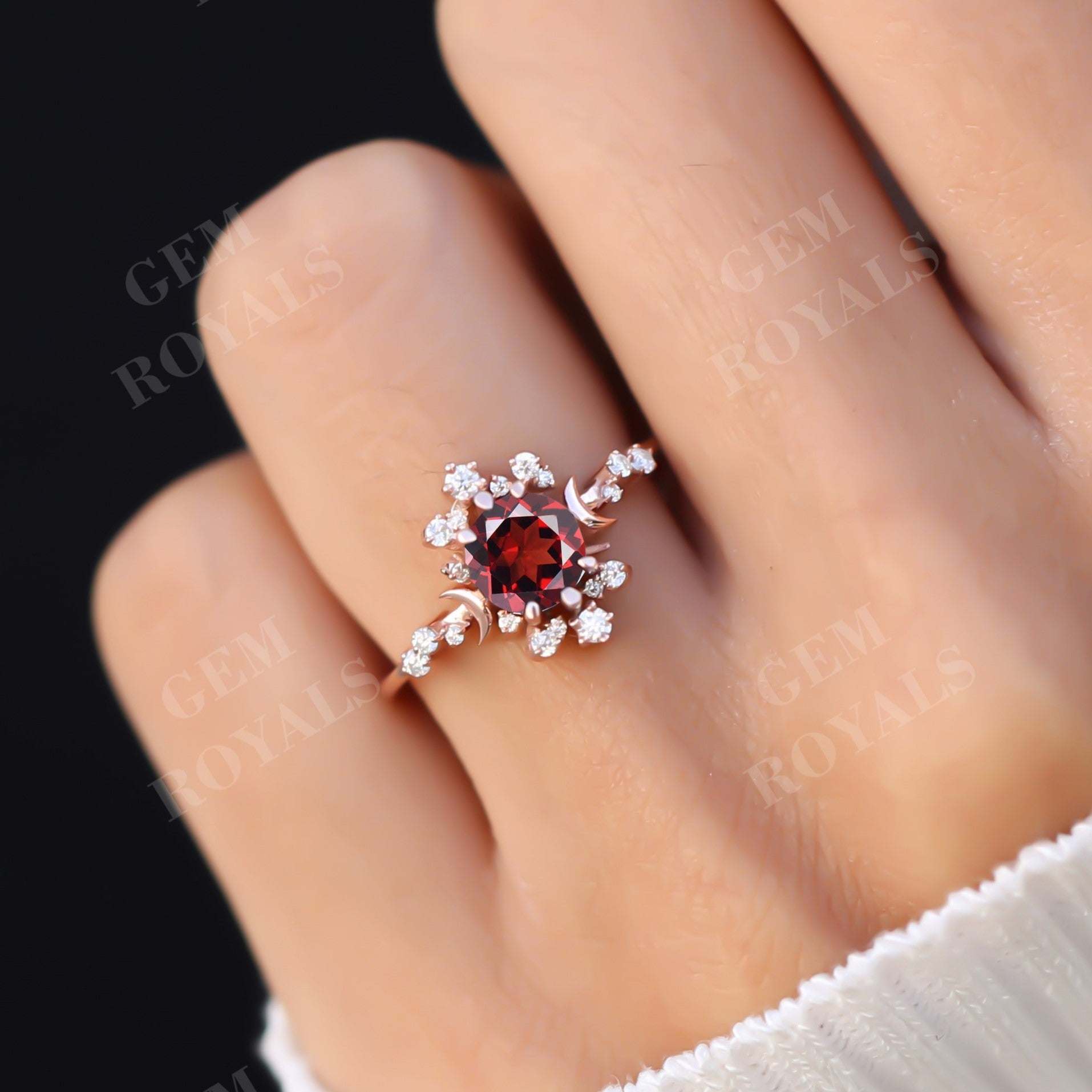 Art Deco Cluster Round Natural Red Garnet Engagement Ring