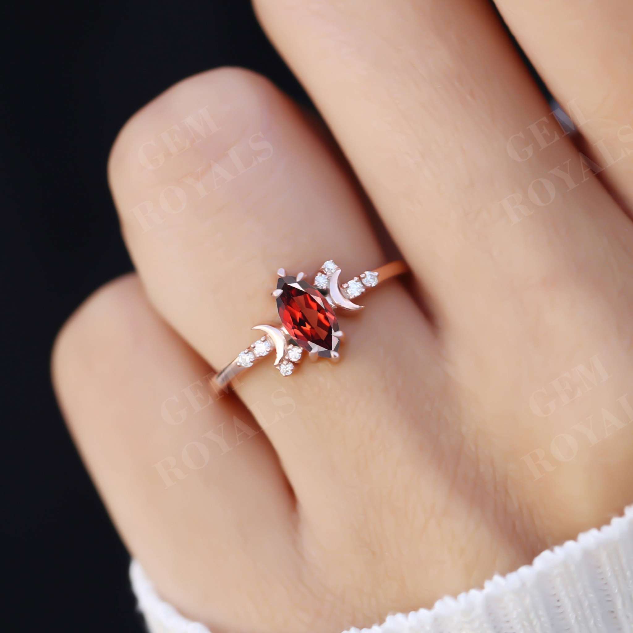 Vintage Style Celestial Marquise Red Garnet engagement Ring