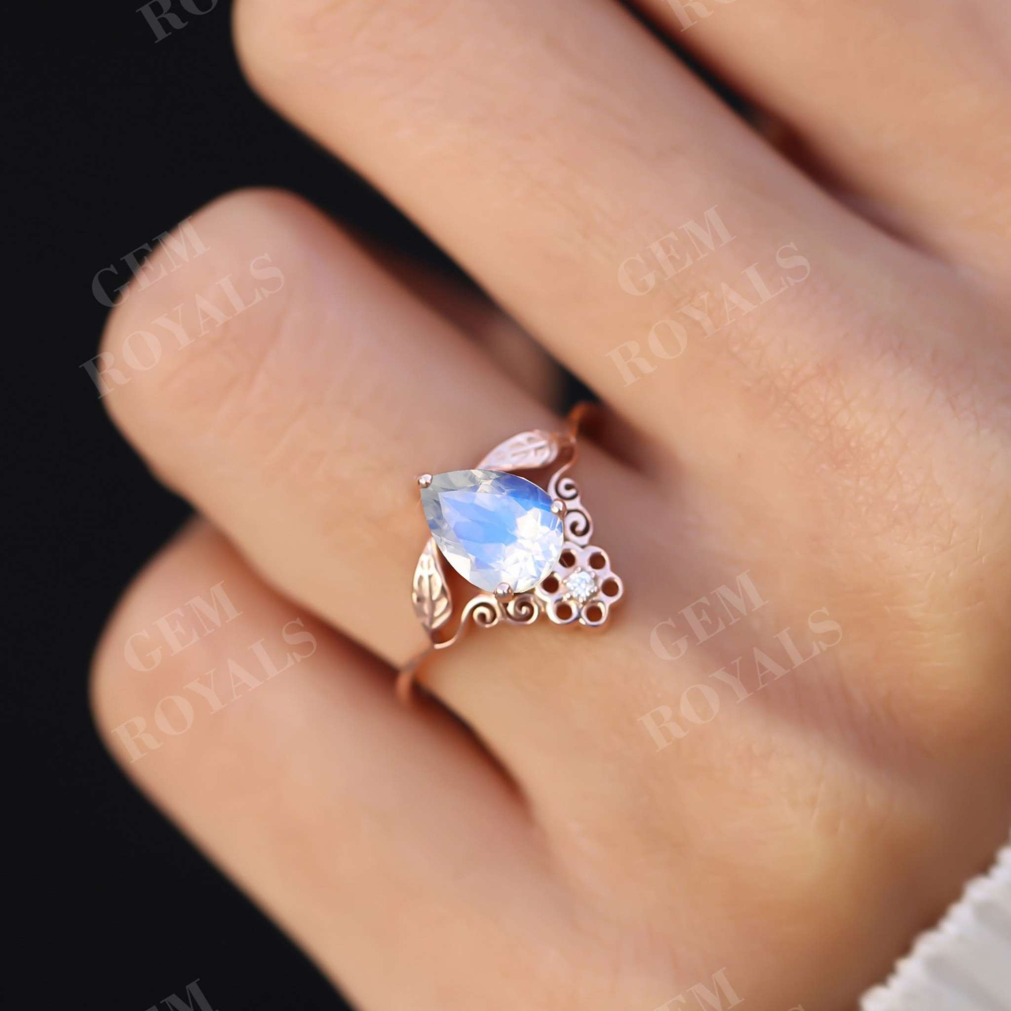 Vintage Nature Inspired Leaf Moonstone Engagement Ring