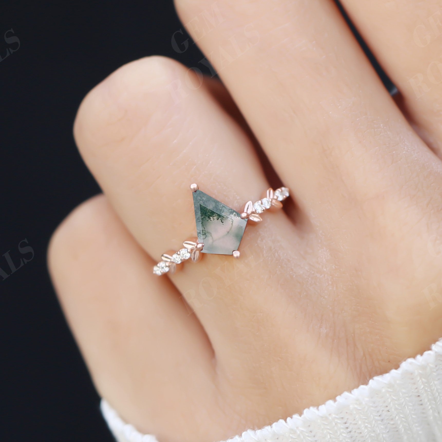 Nature Inspired Leaf Kite Cut Green Moss Agate Engagement Ring