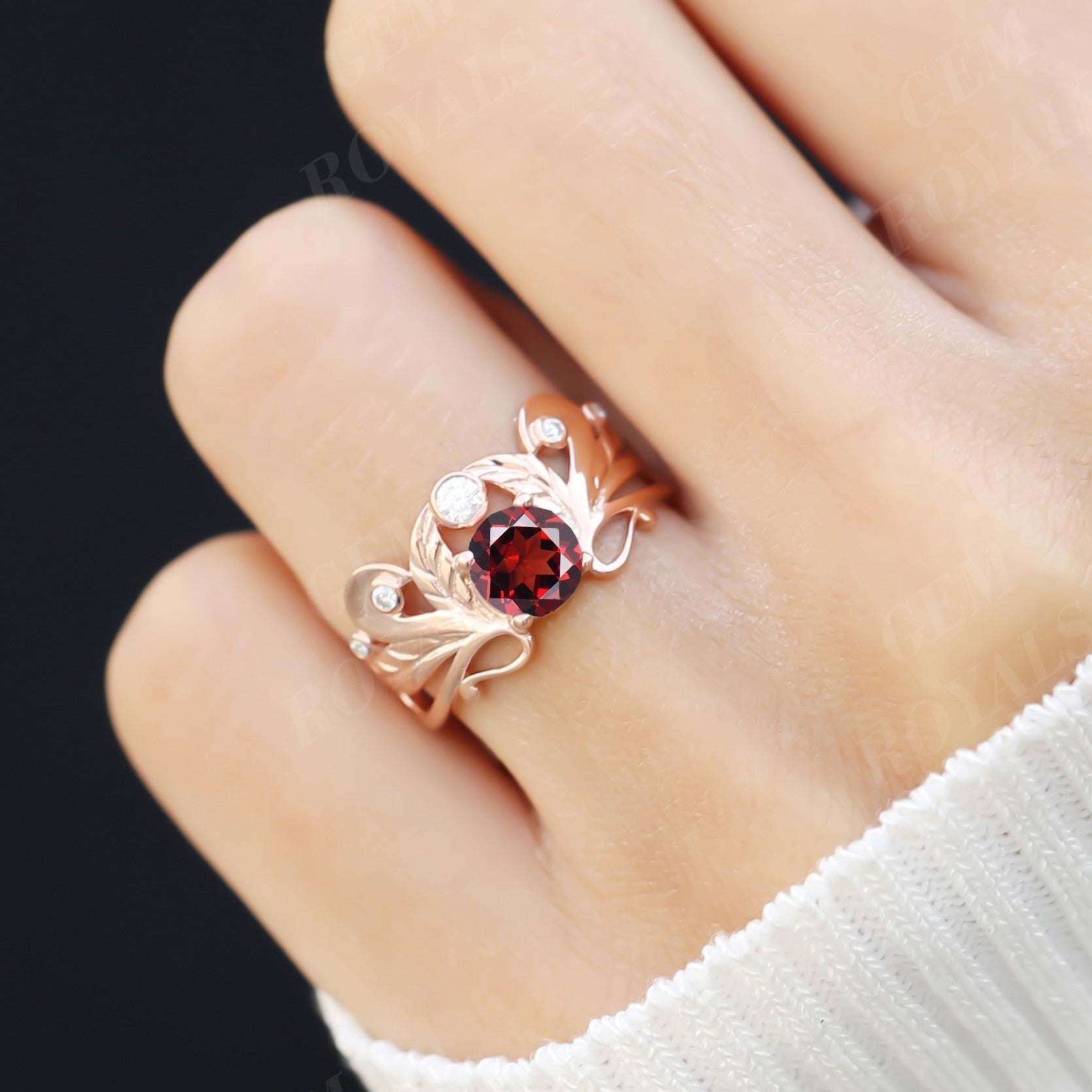 Wide Antique Round Cut Natural Garnet Engagement Ring