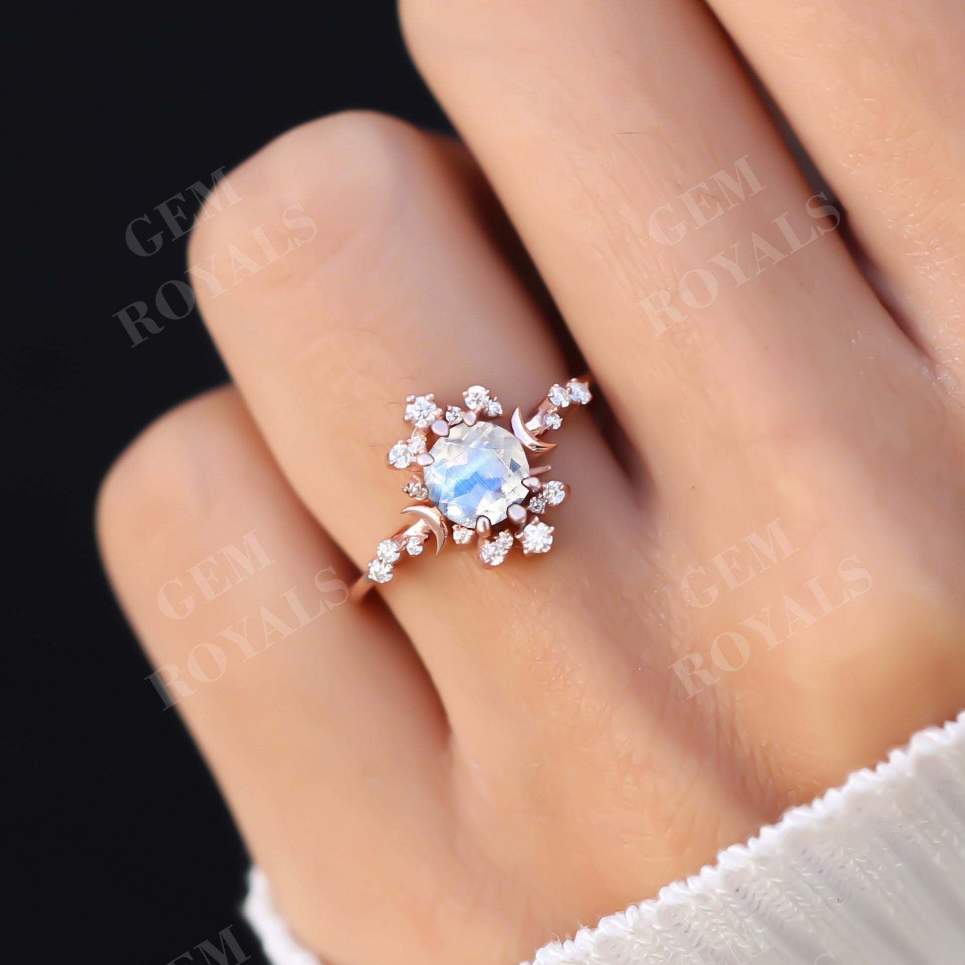 Art Deco Celestial Rainbow Moonstone Engagement Ring