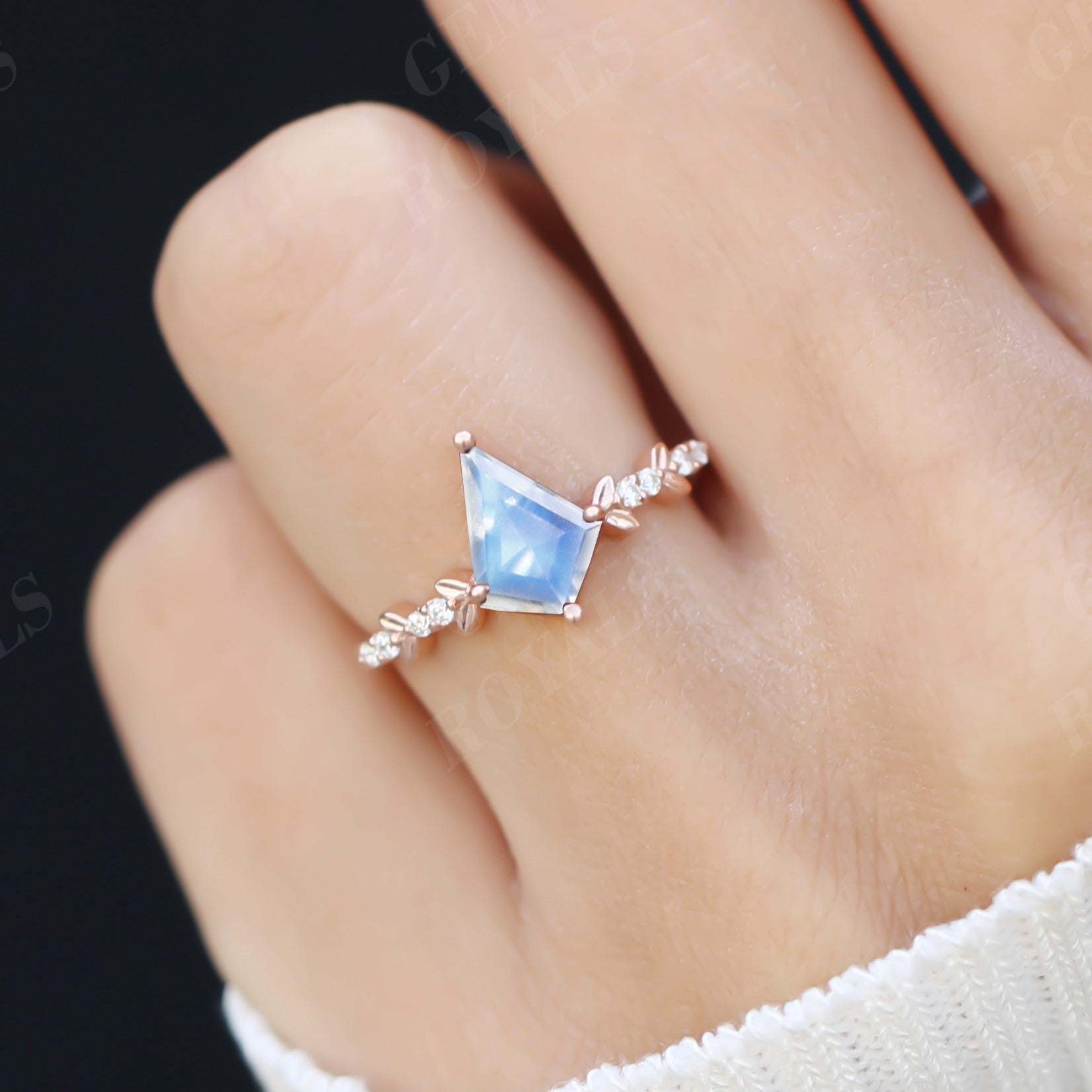 Nature Inspired Kite Cut Rainbow Moonstone Engagement Ring