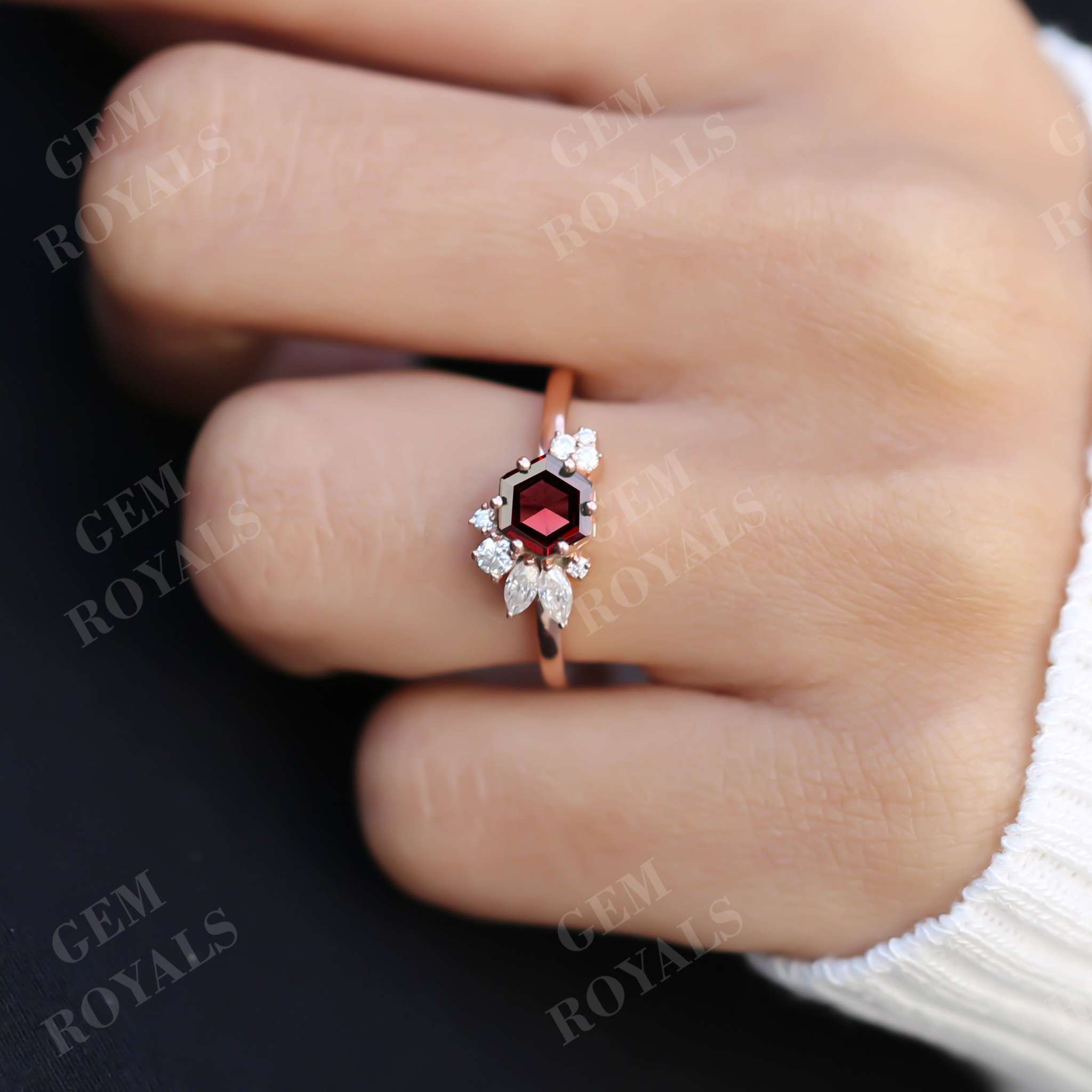 Hexagon Cut Red Garnet Vintage Style Engagement Ring